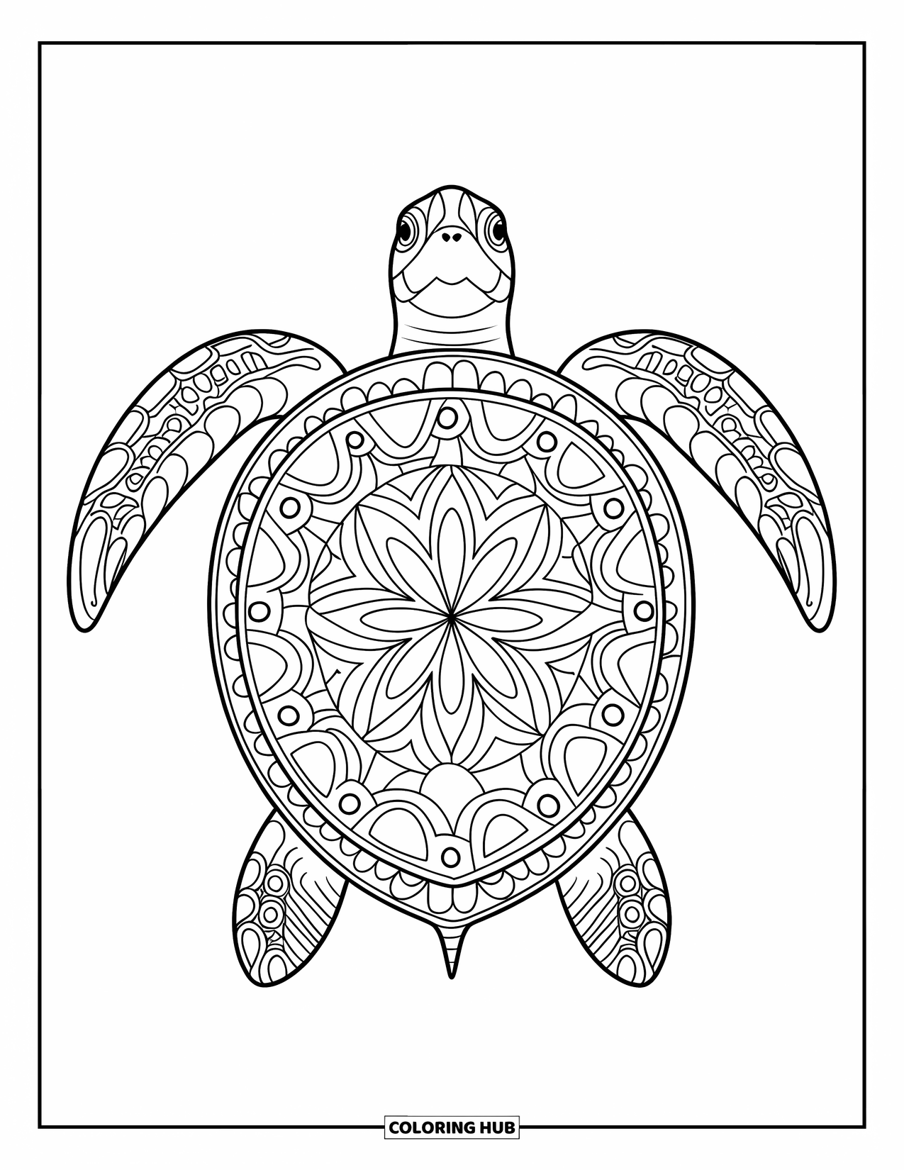 Kolorowanka dla dorosłych: Podwodny świat – Żółw morski ze szczegółowym pancerzem pływa wśród wodorostów i koralowców w tle