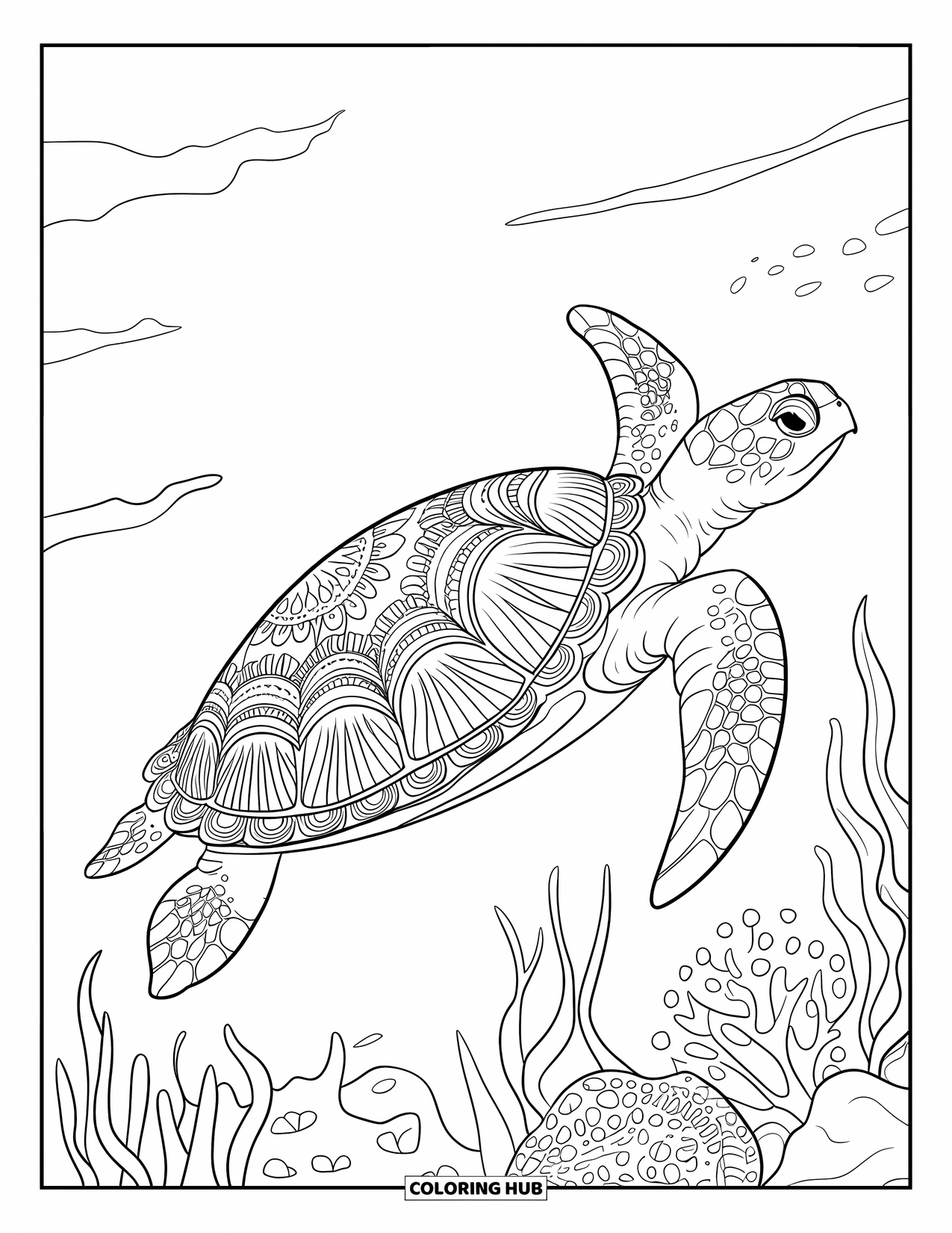 Kolorowanka Podwodny Świat dla dorosłych: Żółw morski z mandalą na skorupie ślizga się przez spokojny ocean z koralowcami