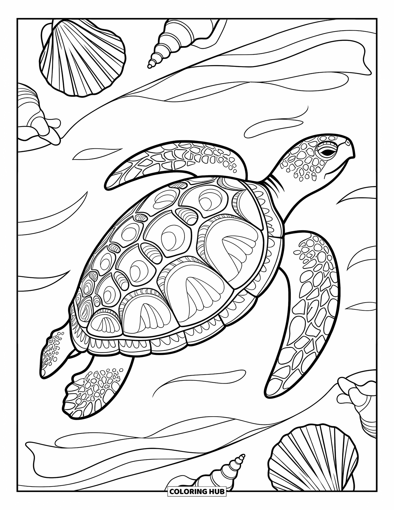 Kolorowanka Podwodny Świat dla dorosłych: Żółw morski z mandalą na skorupie pływa wśród muszelek i fal