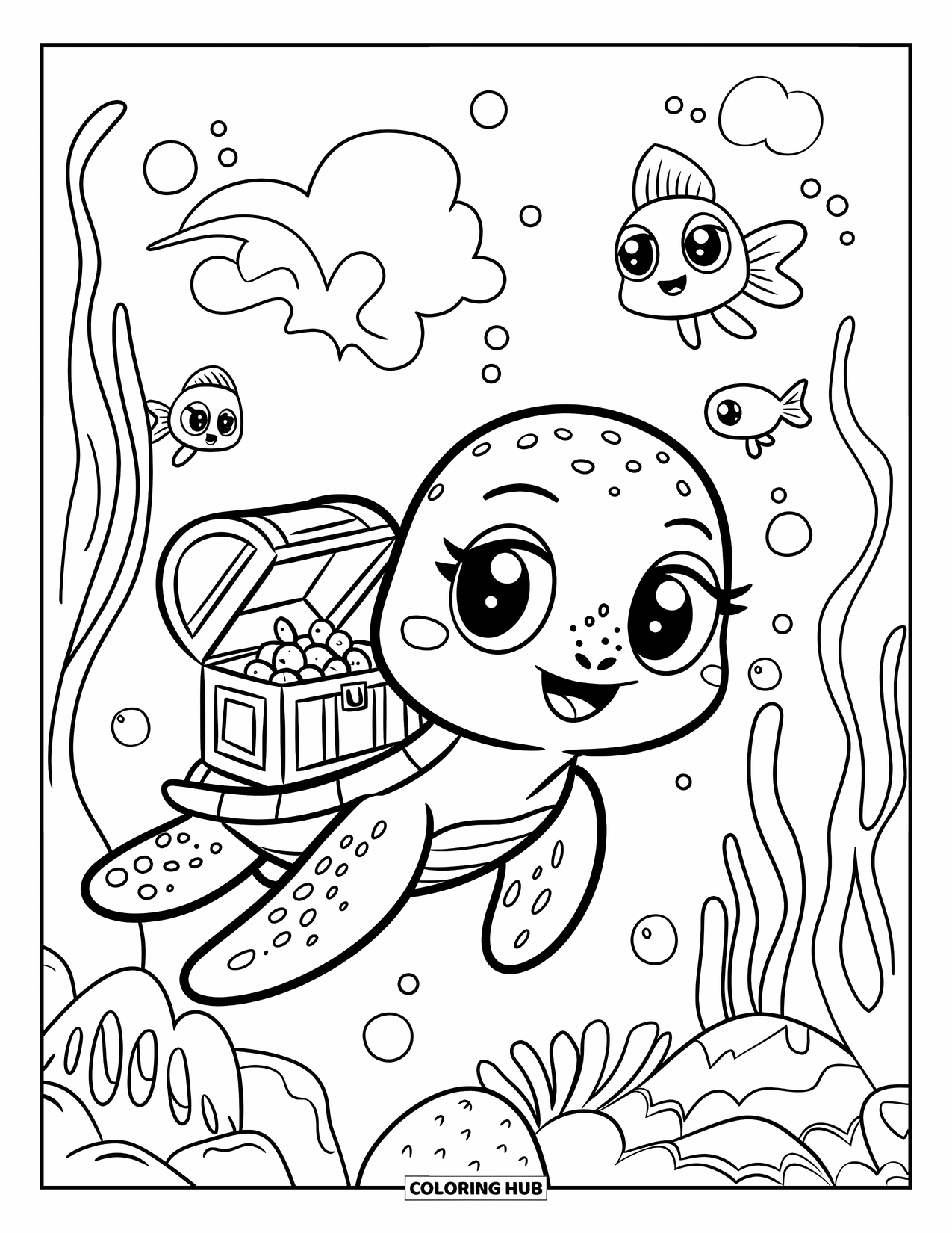 Kolorowanka Podwodny Świat dla dorosłych: Żółw morski z uśmiechem niesie skrzynię skarbów, a ryby wyglądają zza skał