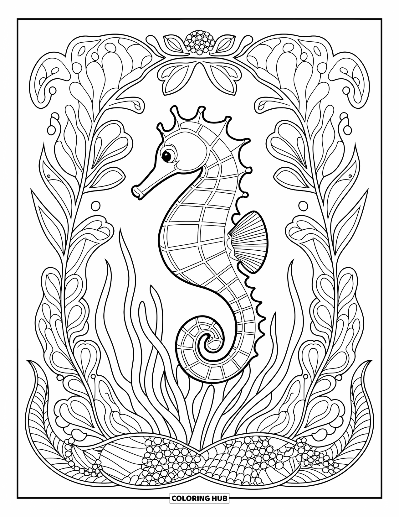 Kolorowanka Podwodny Świat dla dorosłych: Konik morski spoczywa na wodorostach z kwiatami i bąbelkami unoszącymi się wokół