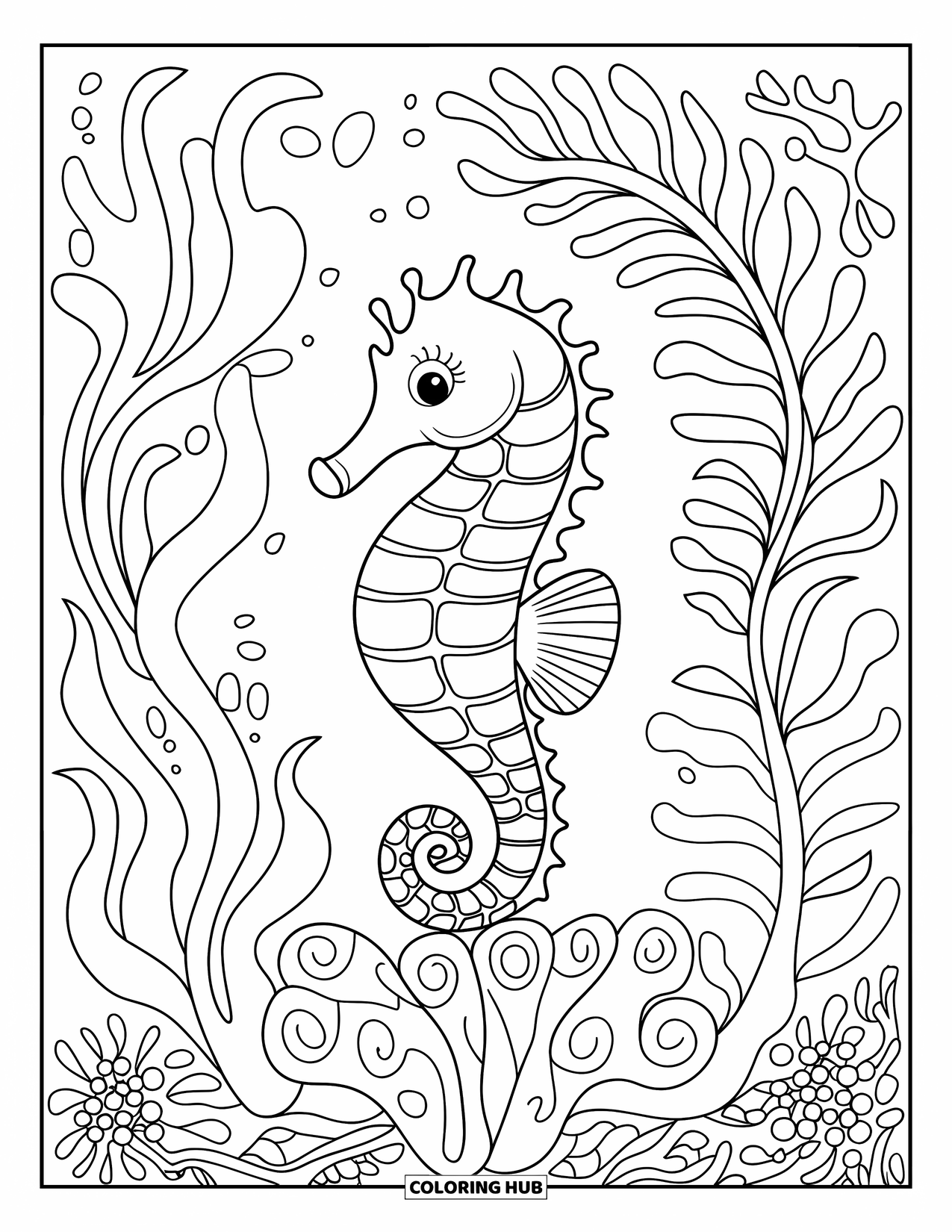 Kolorowanka Podwodny Świat dla dorosłych: Konik morski otoczony wirującymi wodorostami i elementami kwiatowymi