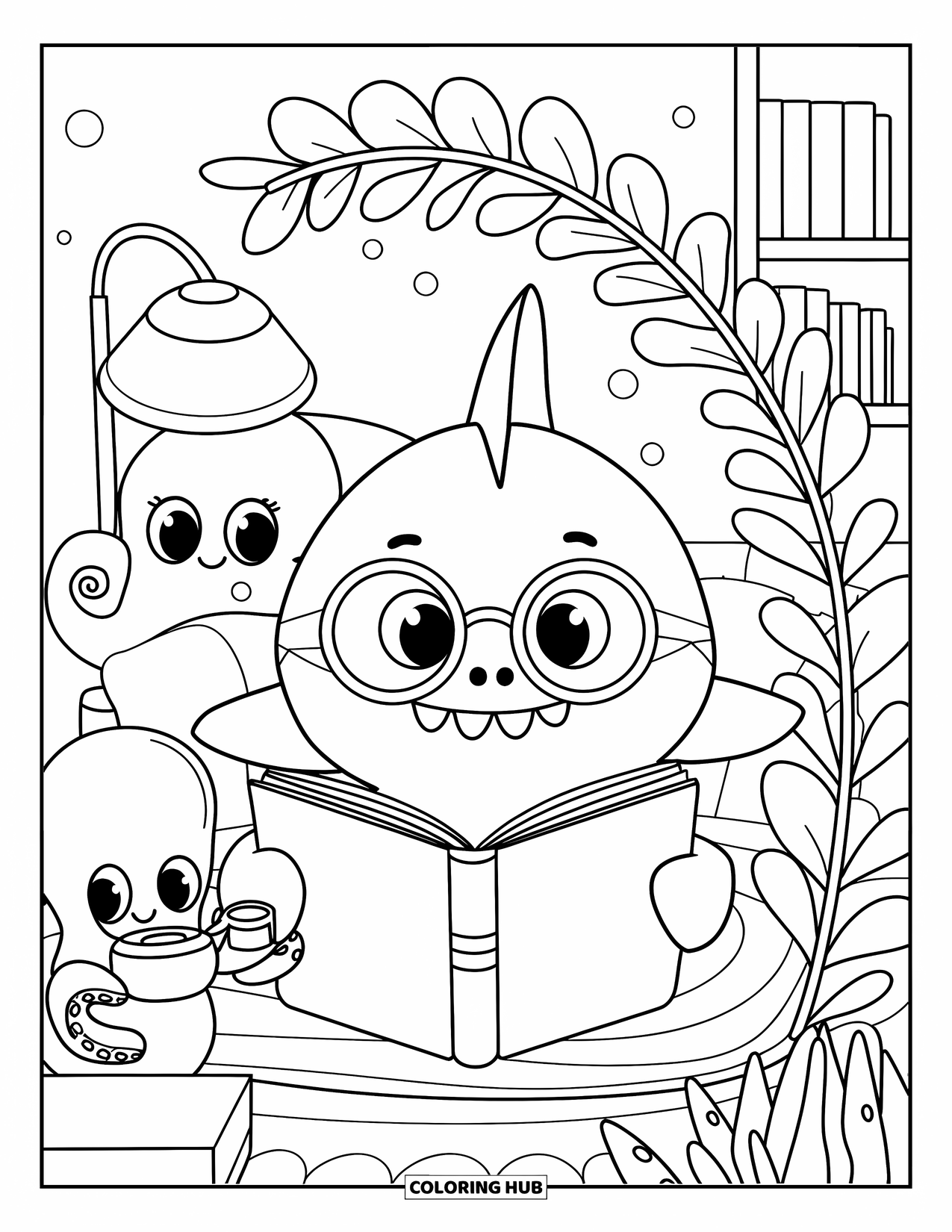 Kolorowanka Podwodny Świat dla dorosłych: Rekin czyta książkę, a ośmiornica oferuje herbatę w przytulnym podwodnym pokoju