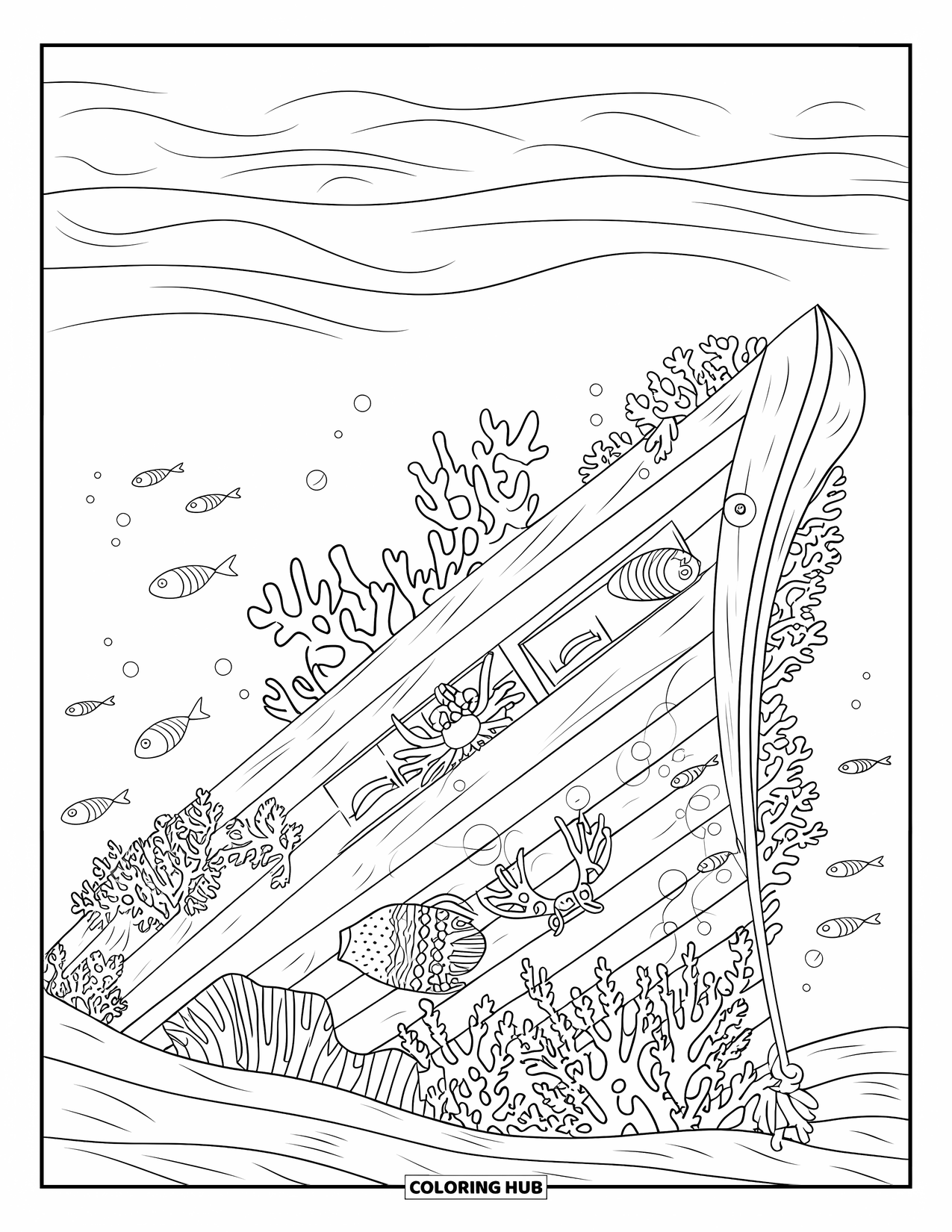 Kolorowanka dla dorosłych: Podwodny świat – Wrak statku z koralowcami i morskimi stworzeniami tonie w spokojnym oceanie