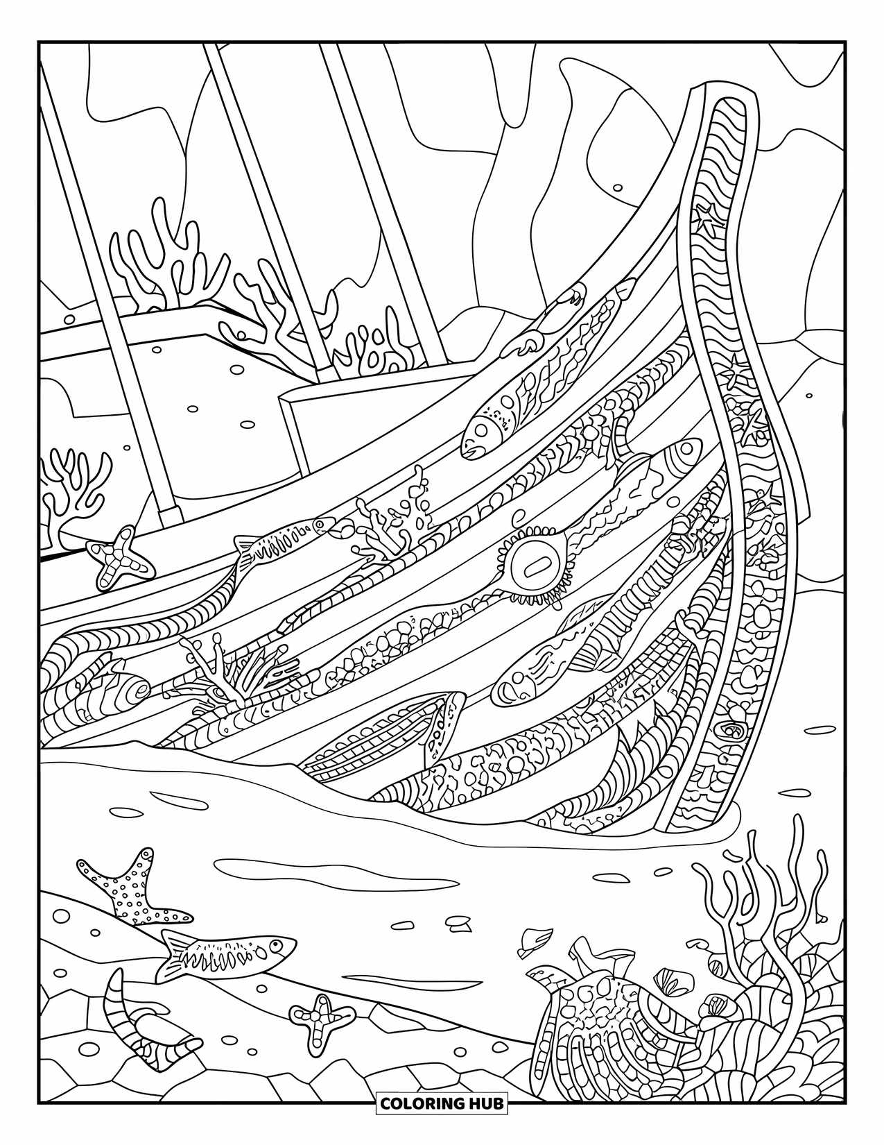 Kolorowanka Podwodny Świat dla dorosłych: Wrak statku z koralowcami, rybami i rozgwiazdami leży na skalistym dnie morskim