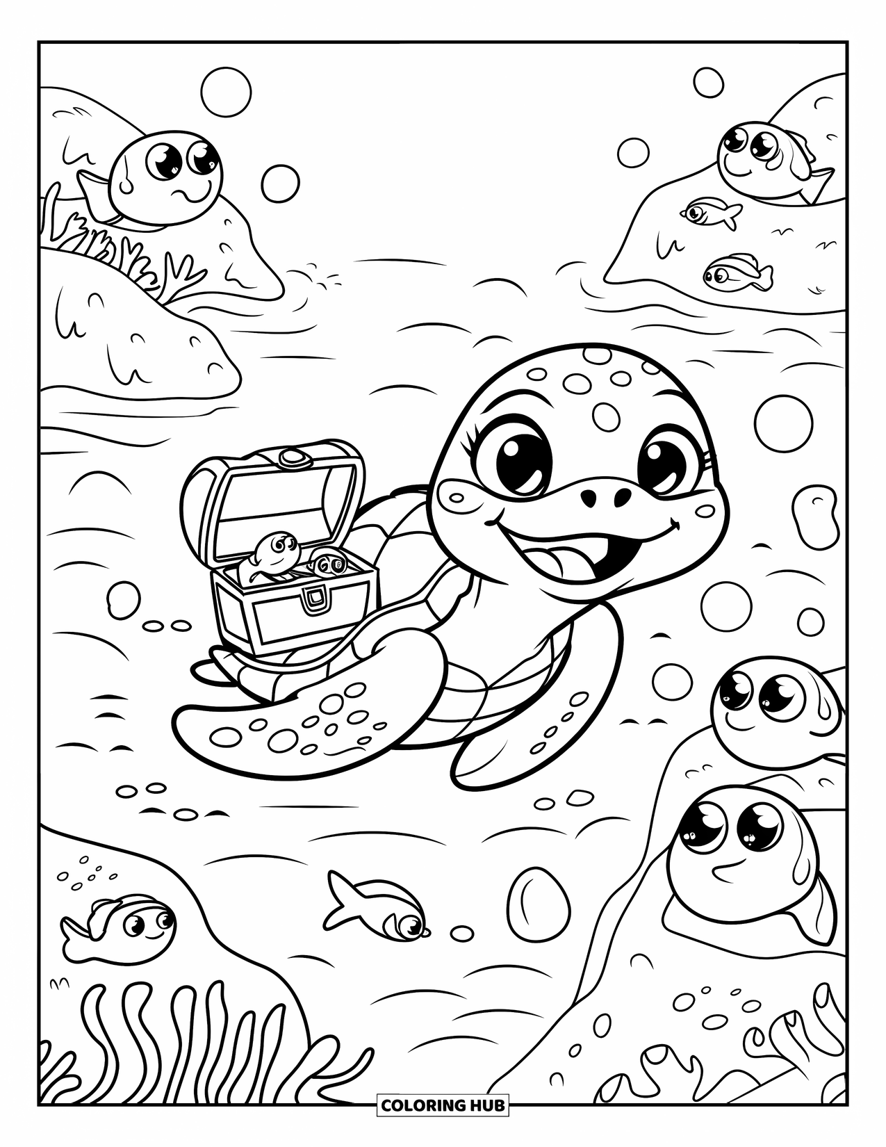 Kolorowanka Podwodny Świat dla dorosłych: Uśmiechnięty żółw morski pływa z maleńką skrzynią skarbów i figlarnymi bąbelkami wokół