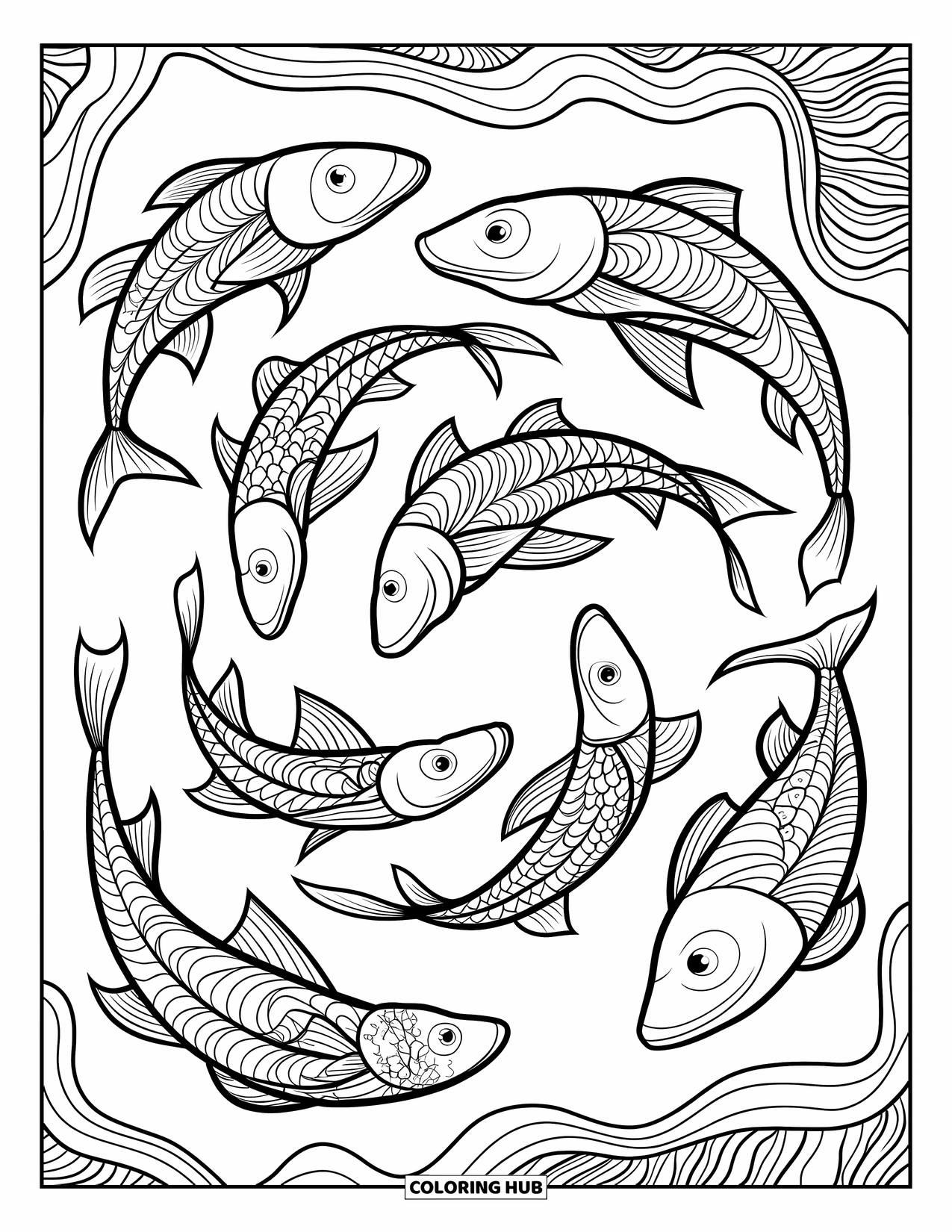 Kolorowanka Podwodny Świat dla dorosłych: Spirala mozaikowych ryb pływa w ozdobnej ramie z wyraźnymi konturami