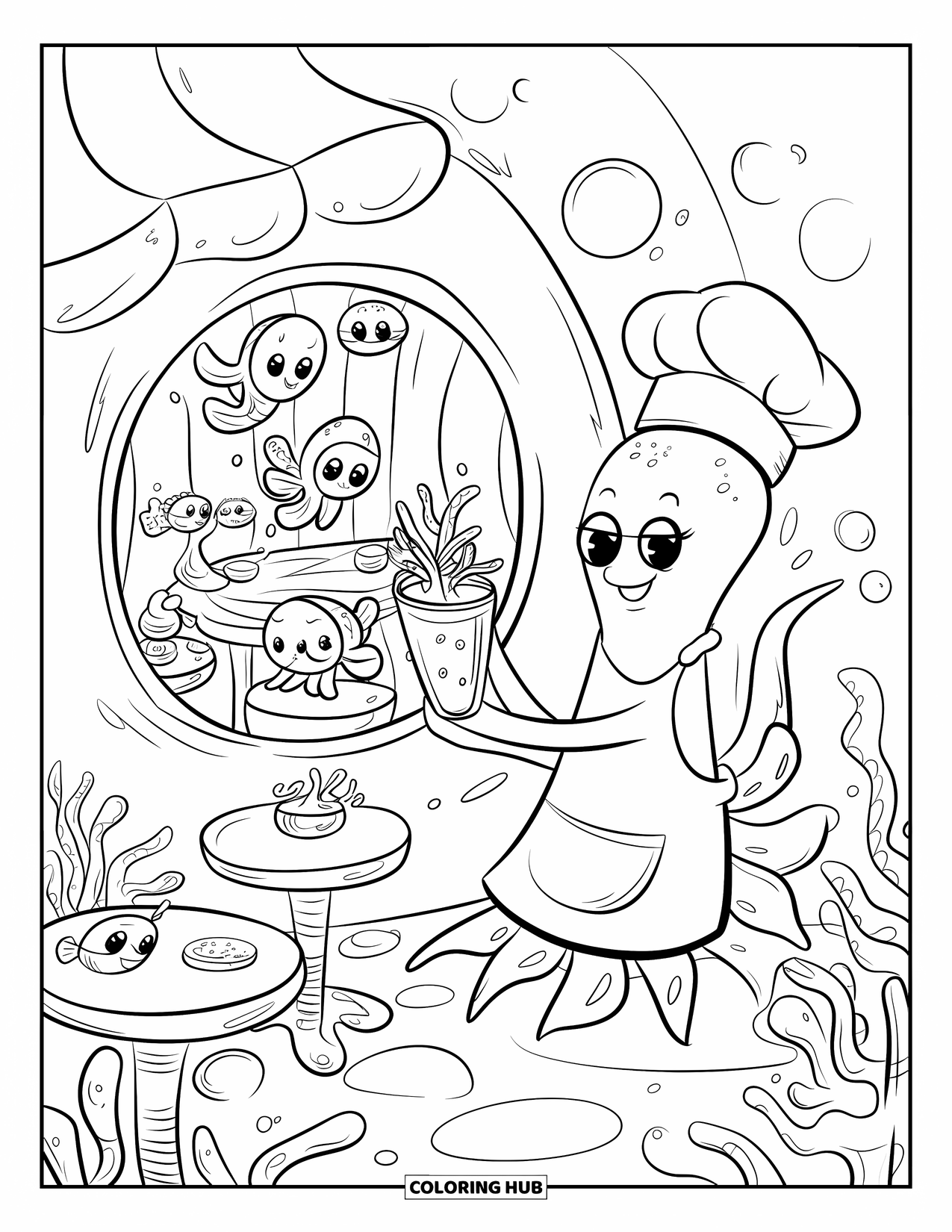 Kolorowanka Podwodny Świat dla dorosłych: Kałamarnica w czapce szefa kuchni serwuje koktajle w przytulnej muszelkowej kawiarni
