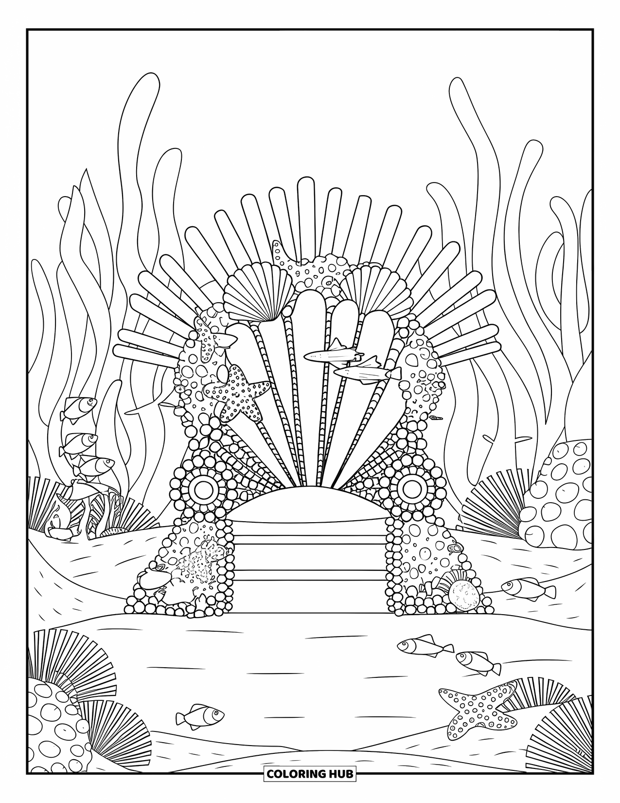 Kolorowanka Podwodny Świat dla dorosłych: Tron z koralowców i pereł otoczony rozgwiazdami, krabami i rybami