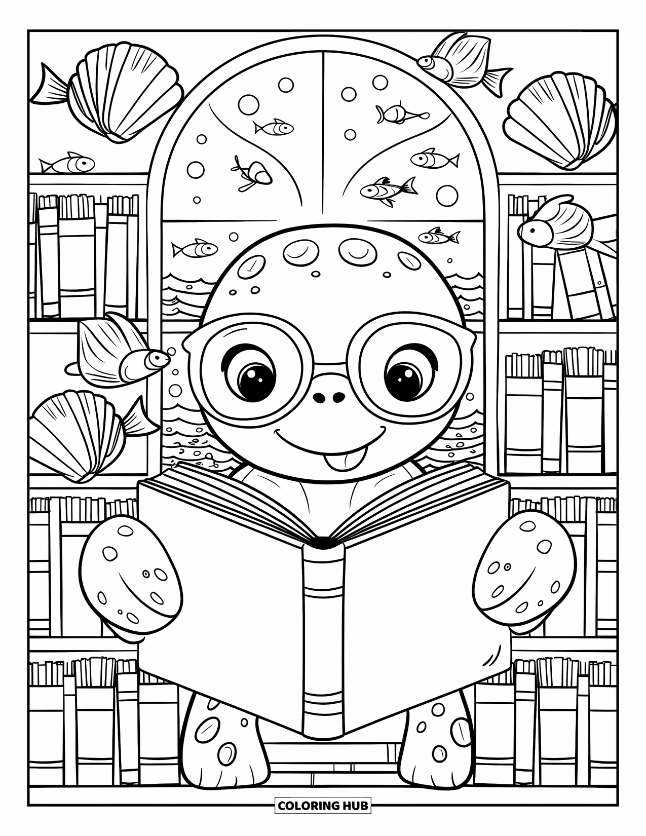 Kolorowanka Podwodny Świat dla dorosłych: Żółw w okularach czyta książki z muszli w podwodnej bibliotece