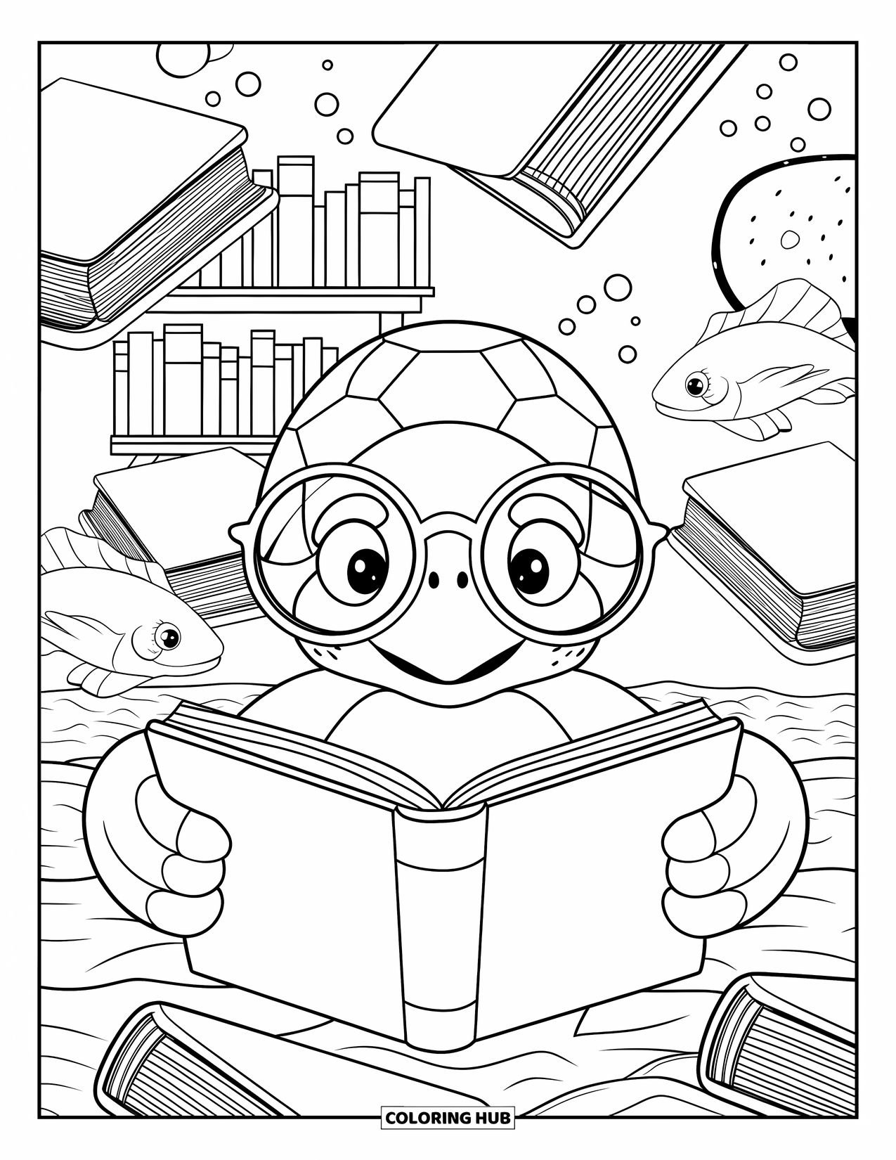 Kolorowanka Podwodny Świat dla dorosłych: Żółw w okularach czyta, otoczony unoszącymi się książkami z muszli i ciekawskimi rybami