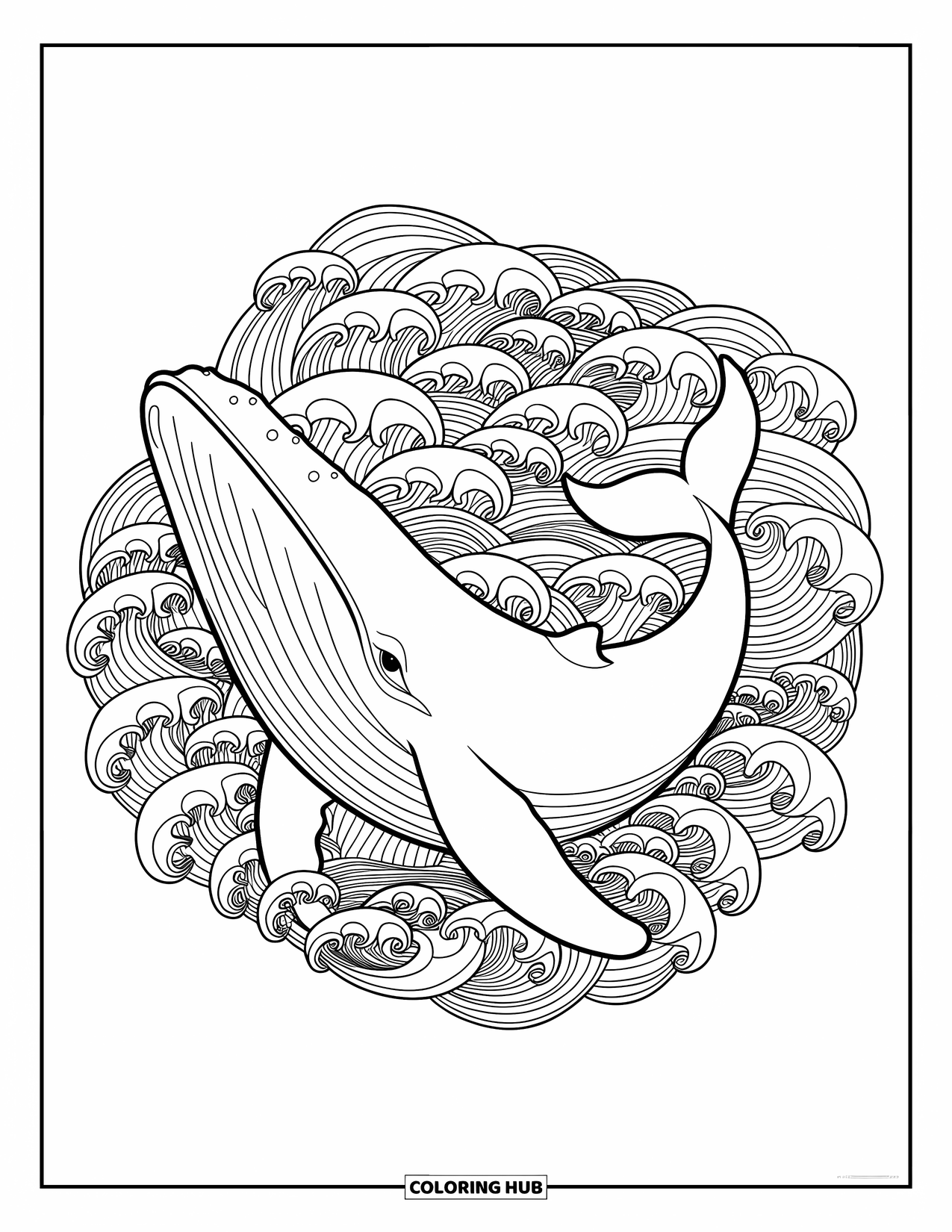 Kolorowanka Podwodny Świat dla dorosłych: Wieloryb otoczony falami z okrągłym wzorem