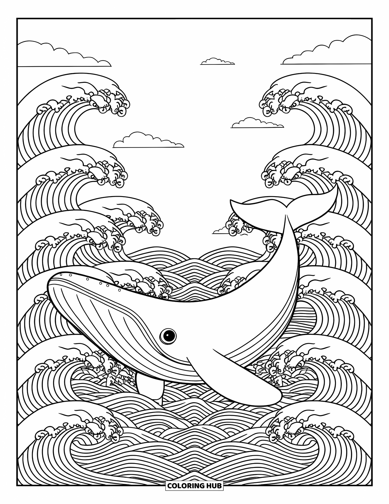 Kolorowanka Podwodny Świat dla dorosłych: Wieloryb pływający wśród wysokich fal na spokojnym morzu