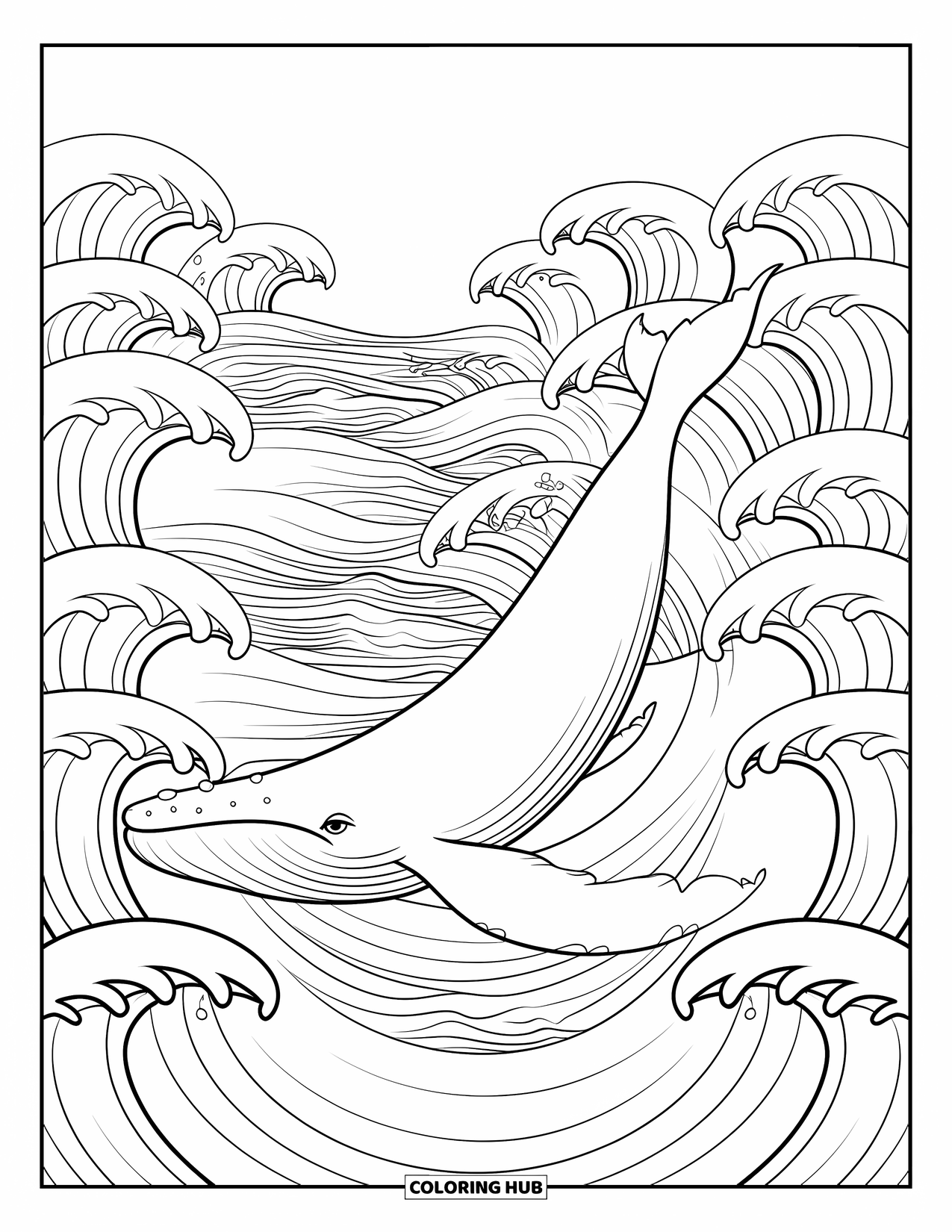 Kolorowanka Podwodny Świat dla dorosłych: Wieloryb pływający przez fale z misternymi wzorami