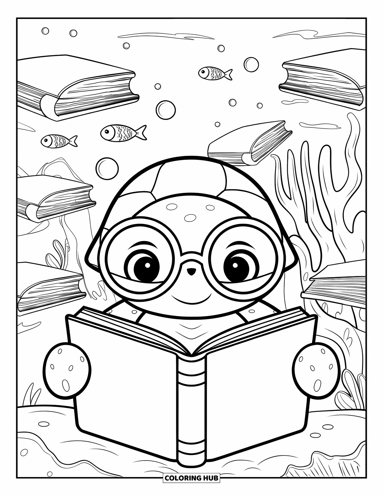 Kolorowanka Podwodny Świat dla dorosłych: Mądry żółw w okularach czyta książkę w podwodnej bibliotece