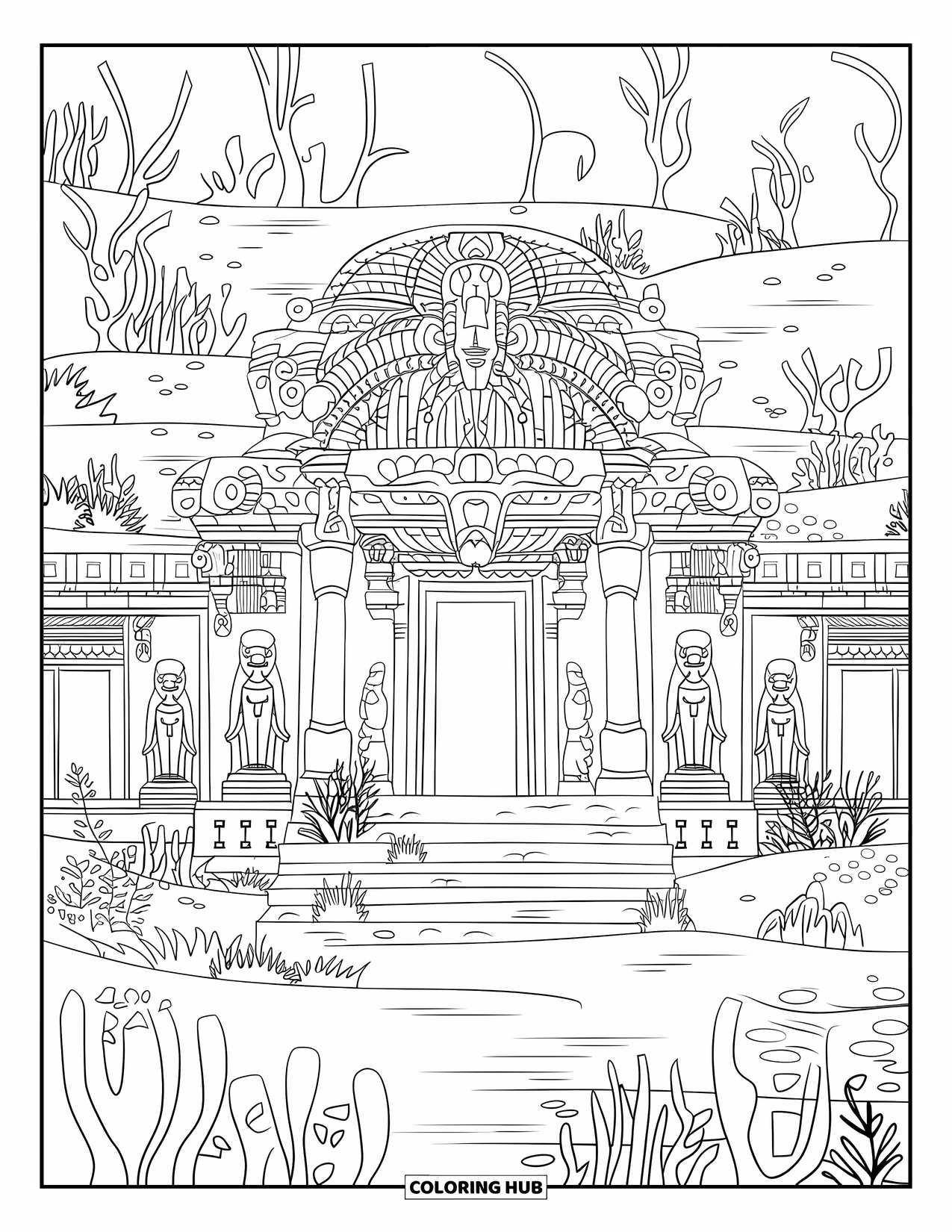 Kolorowanka Podwodny Świat dla dorosłych: Starożytna świątynia z łukami i posągami wśród wodorostów i bąbelków