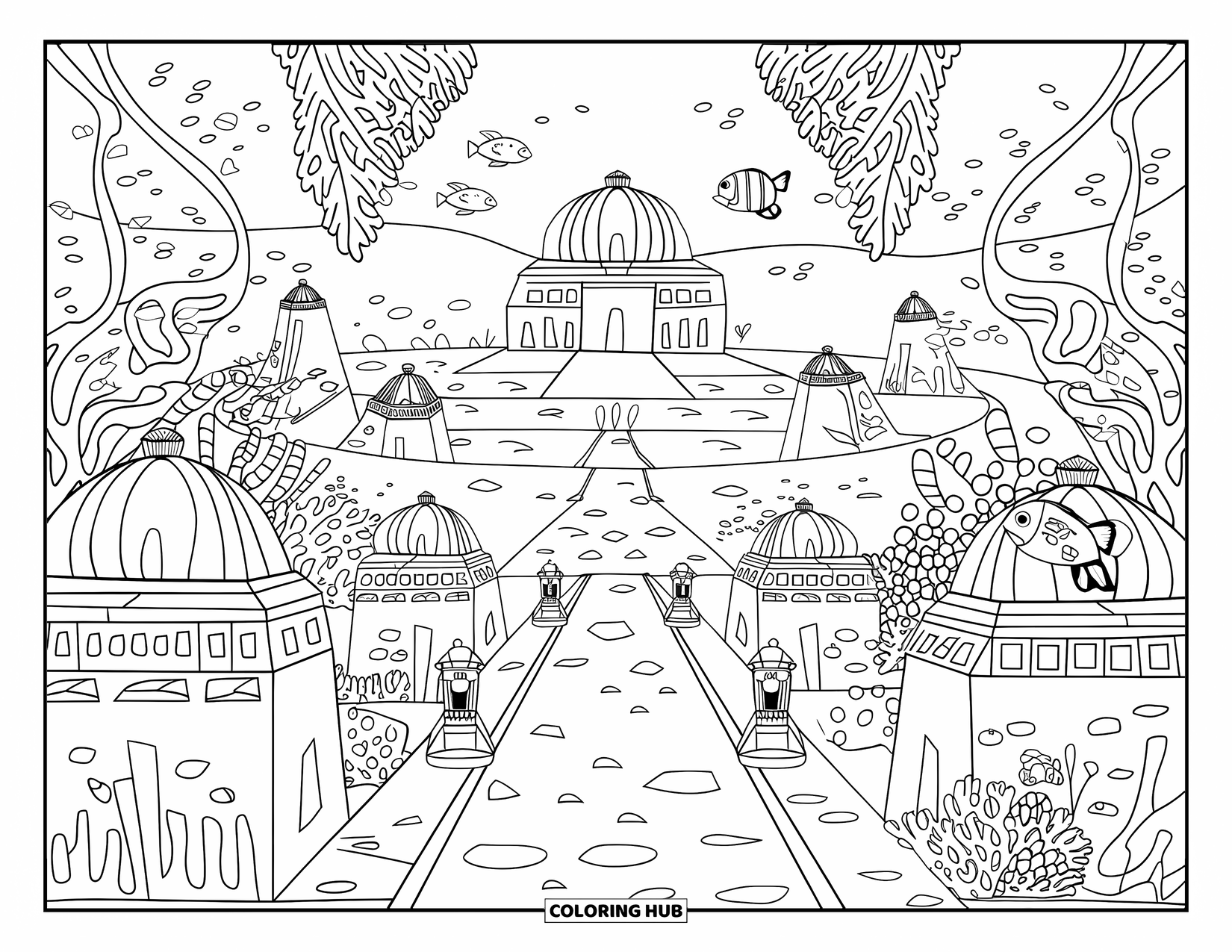 Kolorowanka Podwodny Świat dla dorosłych: Podwodne miasto z kopulastymi koralowymi budynkami i oświetlonymi lampionami ścieżkami