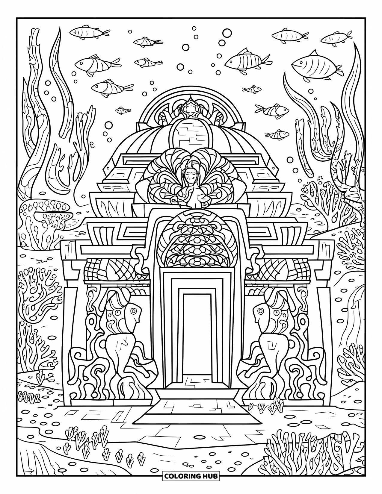 Kolorowanka Podwodny Świat dla dorosłych: Podwodna świątynia z misternymi rzeźbieniami i mitycznymi posągami wśród roślin morskich
