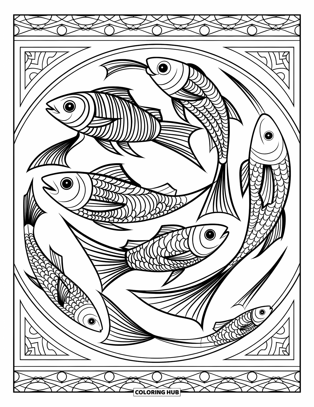Kolorowanka Podwodny Świat dla dorosłych: Ryby pływają spiralnymi wzorami w mozaice z okrągłym obramowaniem
