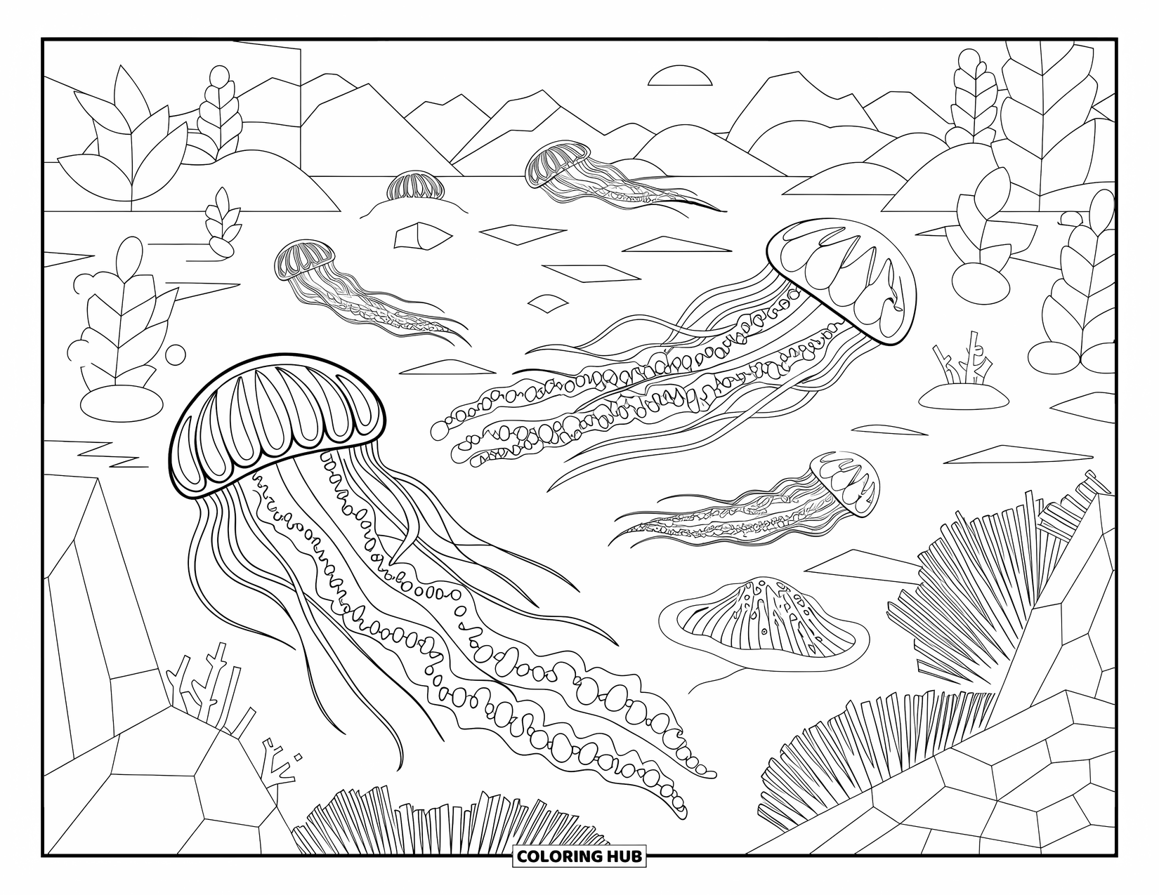 Kolorowanka Podwodny Świat dla dorosłych: Meduzy unoszące się wśród skał i roślin na spokojnym morzu