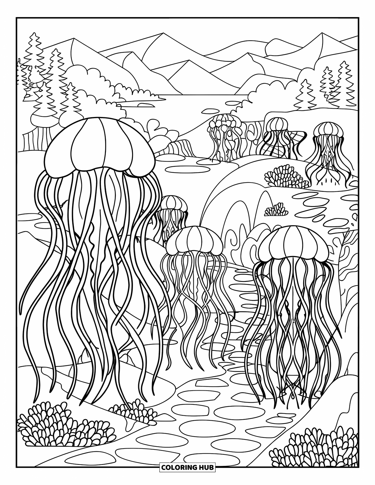 Kolorowanka Podwodny Świat dla dorosłych: Meduzy z płynącymi odnóżami w ogrodzie z kamienną ścieżką