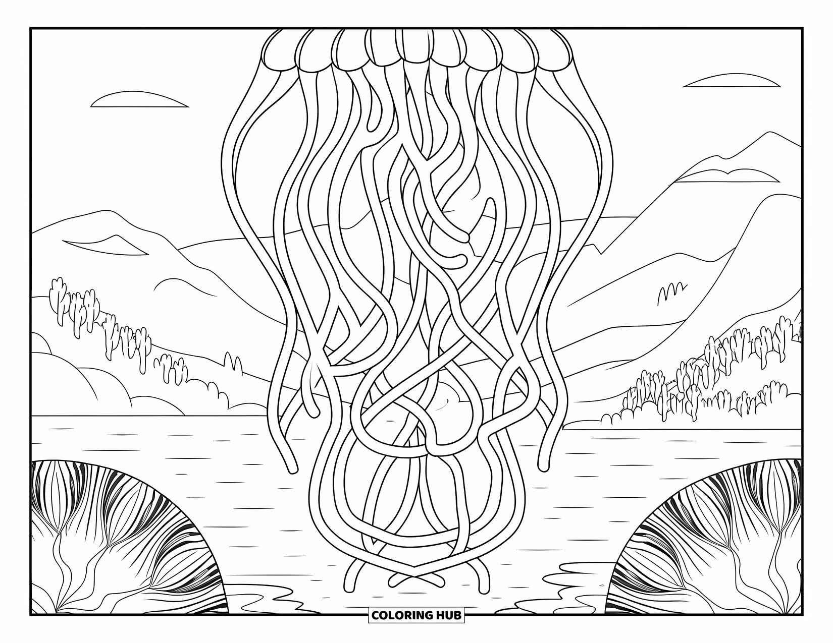 Kolorowanka Podwodny Świat dla dorosłych: Meduzy z długimi odnóżami tworzące misterne wzory