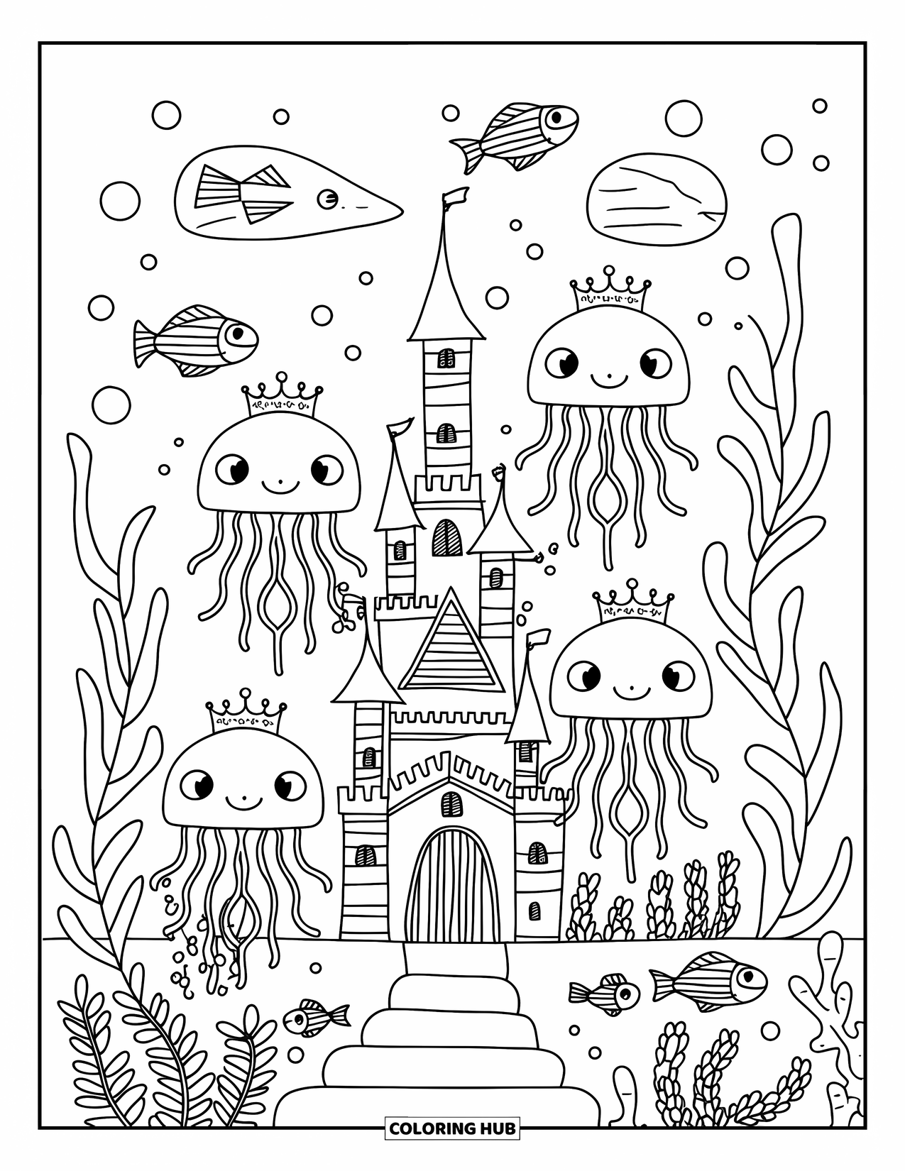 Kolorowanka Podwodny Świat dla dorosłych: Meduzy z maleńkimi koronami strzegą podwodnego zamku otoczonego wodorostami i perłami