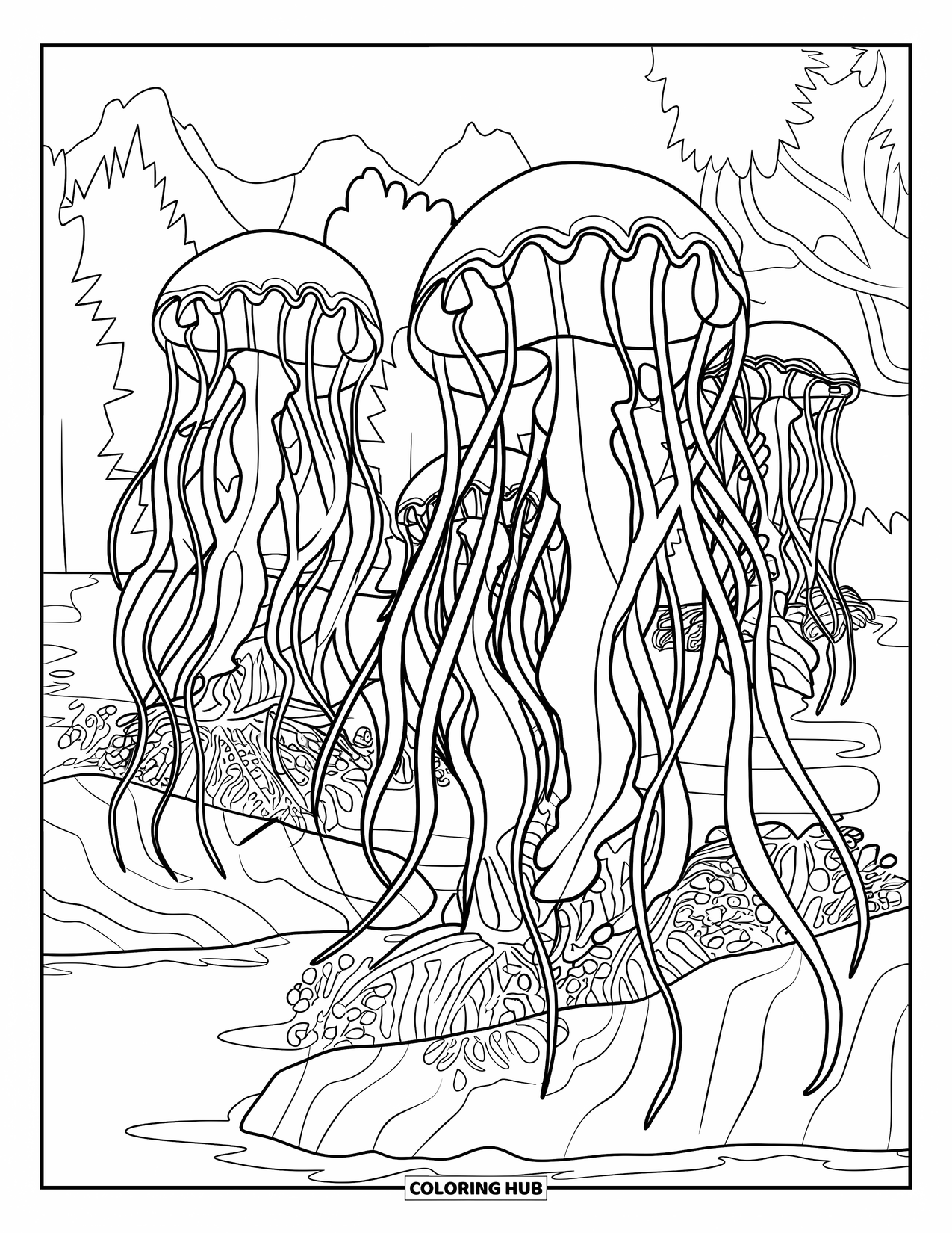 Kolorowanka Podwodny Świat dla dorosłych: Duże meduzy na skałach w spokojnym krajobrazie