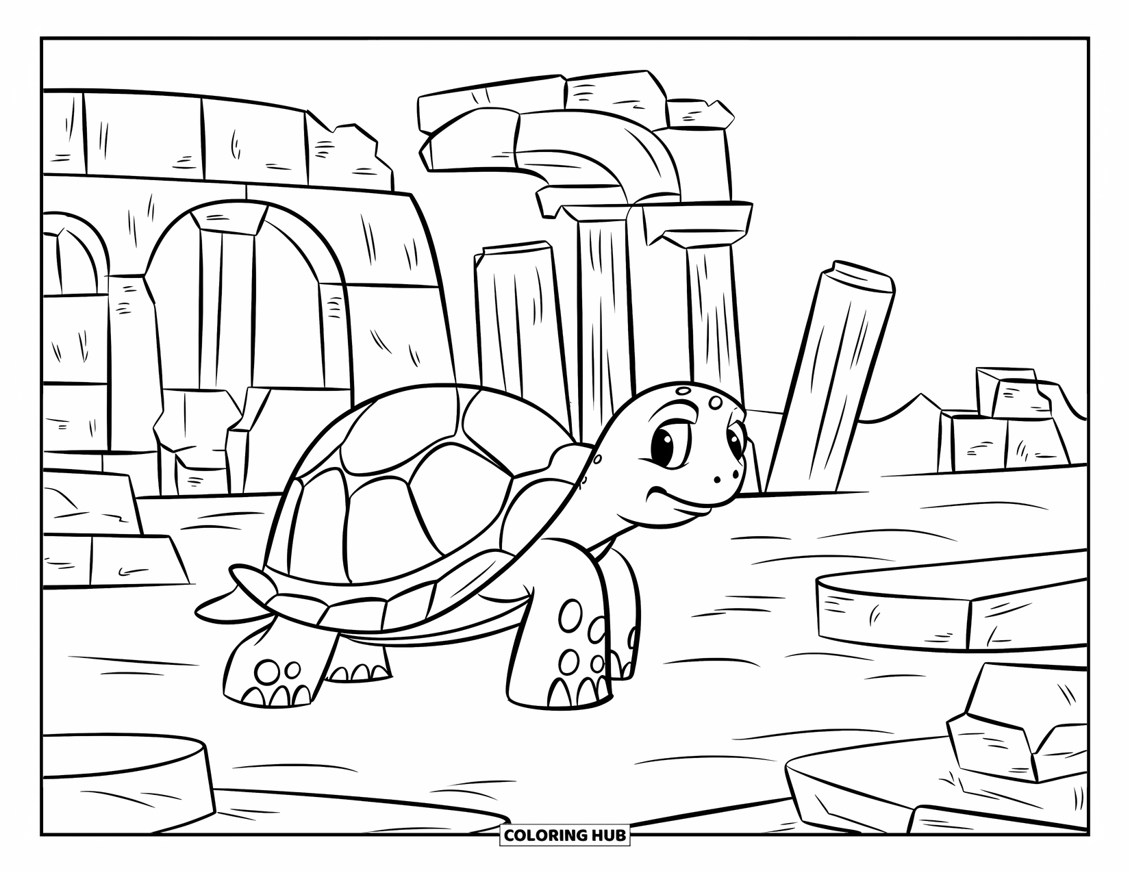 Kolorowanka Podwodny Świat dla dzieci: Żółw pokryty pąklami bada ruiny z filarami i zniszczonymi posągami