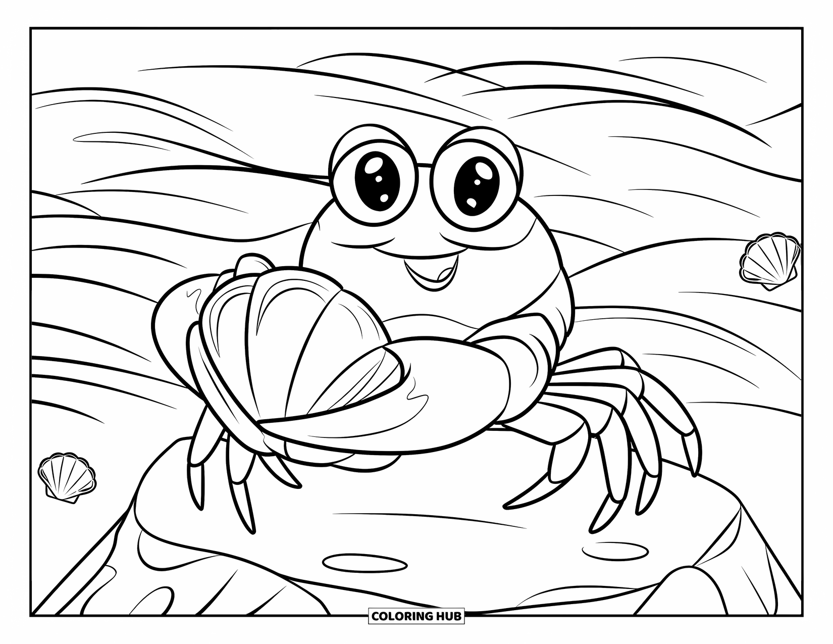 Kolorowanka Podwodny Świat dla dzieci: Wesoły krab trzyma muszlę, siedząc na oceanicznej skale