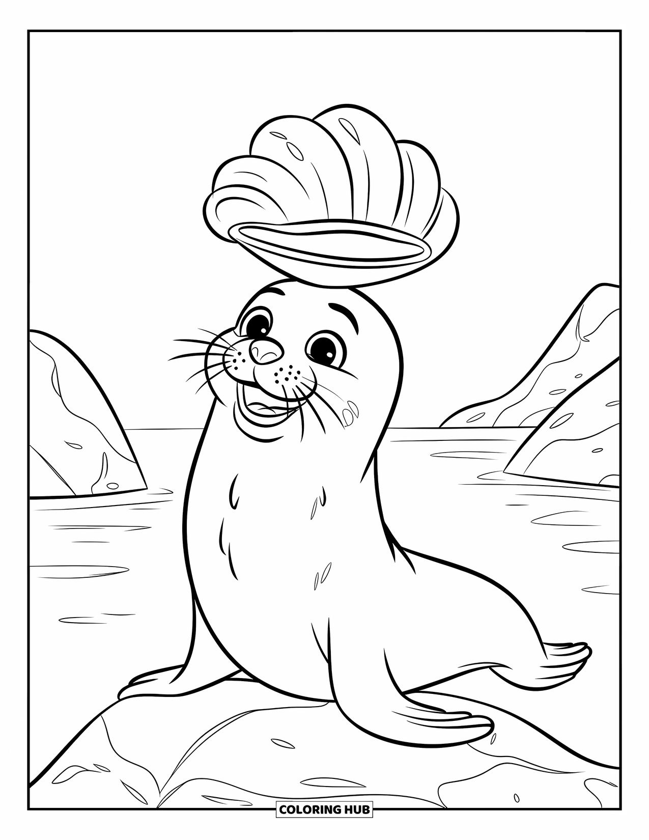Kolorowanka Podwodny Świat dla dzieci: Wesoła foka balansuje muszlą na nosie nad spokojnym morzem