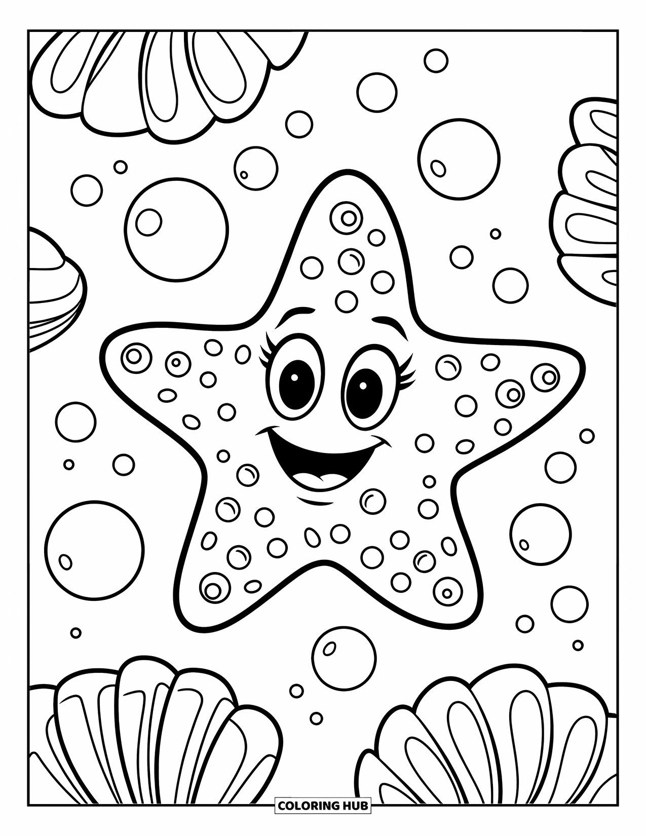 Kolorowanka Podwodny Świat dla dzieci: Wesoła rozgwiazda z dużymi oczami siedzi wśród bąbelków i muszelek