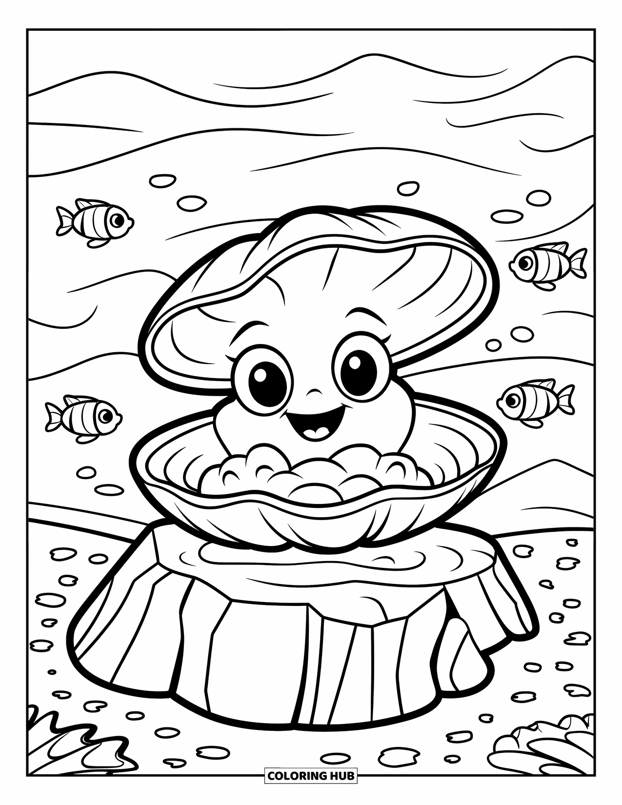 Kolorowanka Podwodny Świat dla dzieci: Muszla z perłą siedzi na skale otoczona małymi rybkami