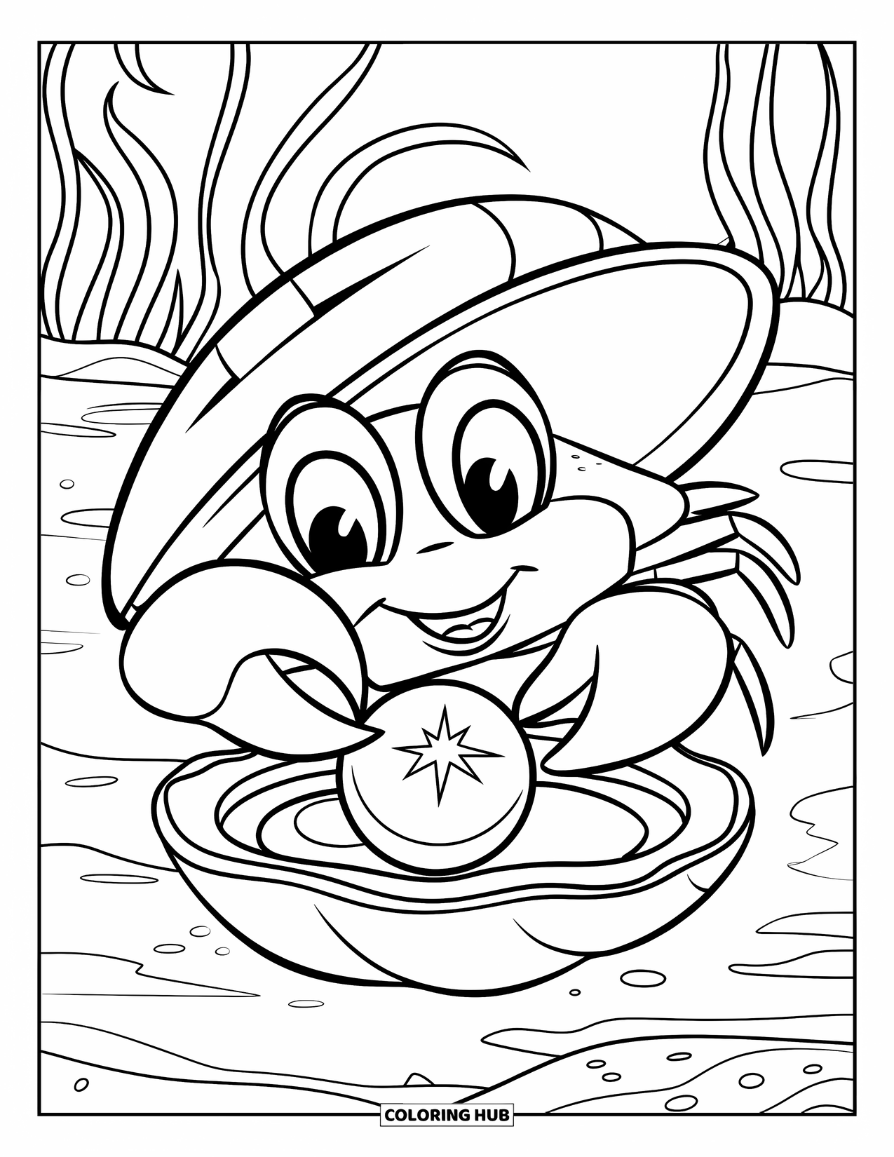 Kolorowanka Podwodny Świat dla dzieci: Krab znajduje błyszczącą perłę w otwartej muszli