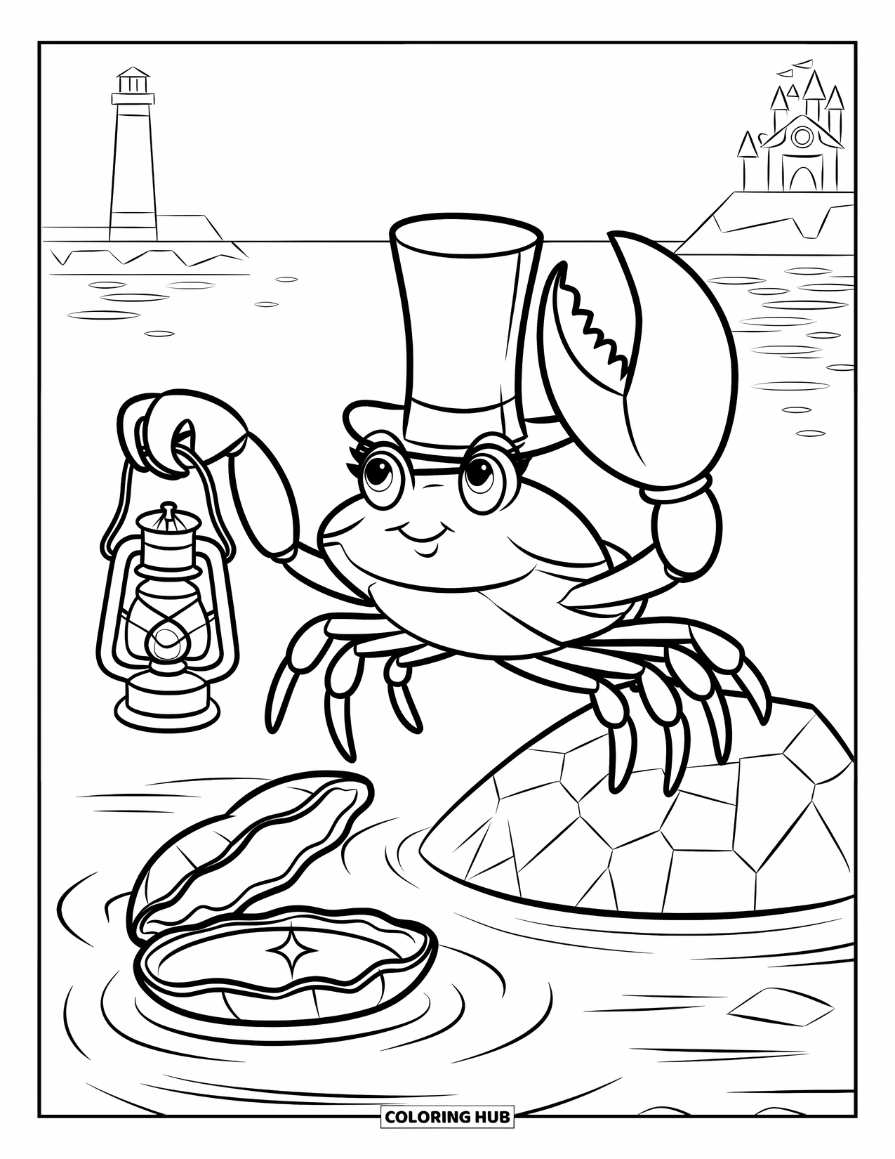 Kolorowanka Podwodny Świat dla dzieci: Krab w kapeluszu trzyma latarnię w pobliżu muszli z perłą