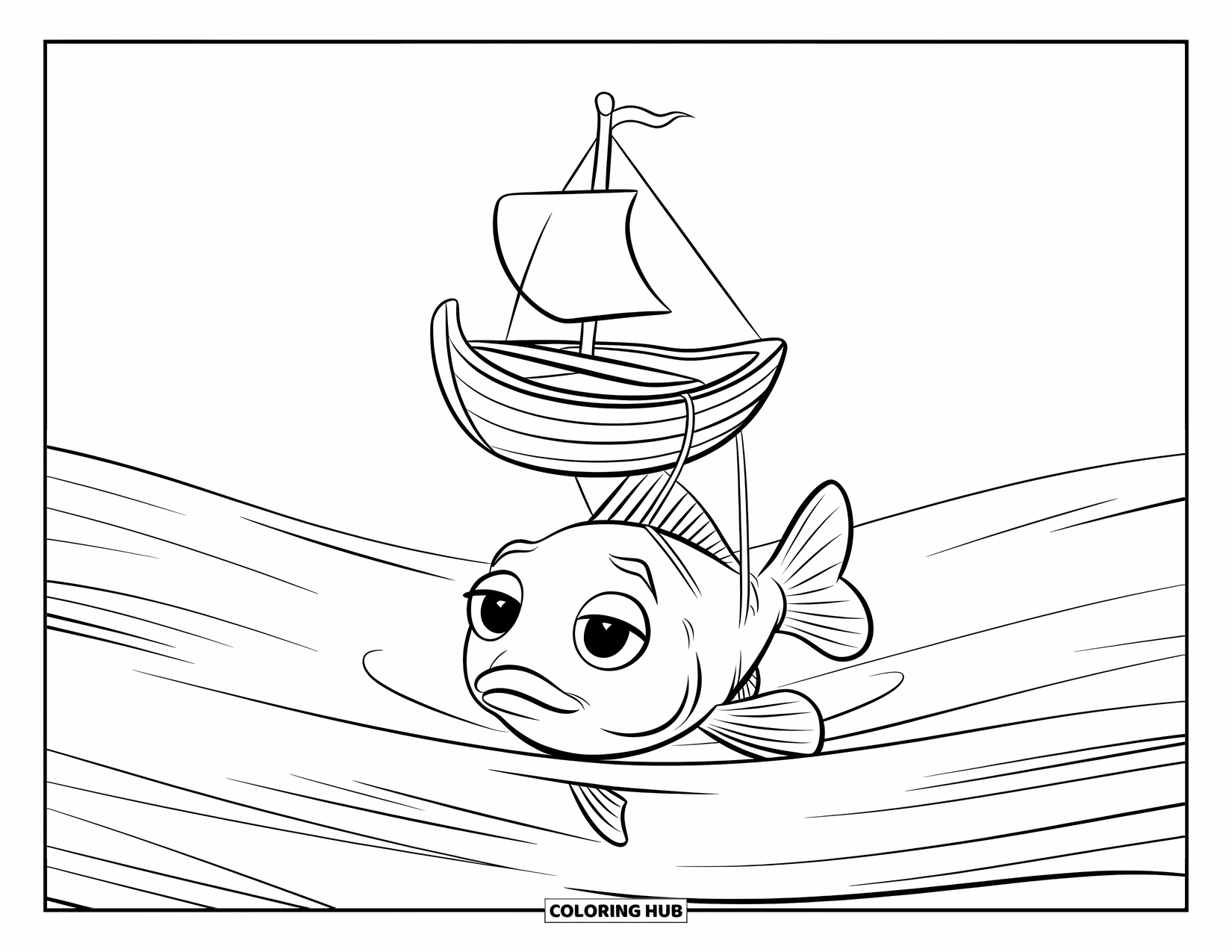 Kolorowanka Podwodny Świat dla dzieci: Ciekawska ryba spogląda na żaglówkę unoszącą się powyżej
