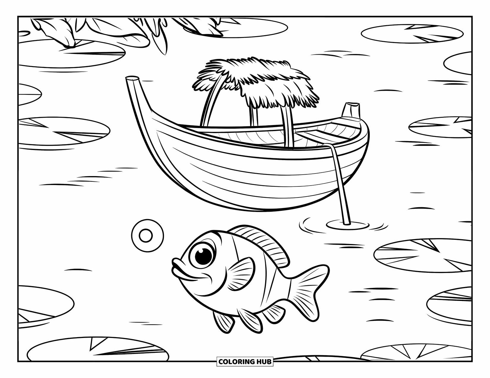 Kolorowanka Podwodny Świat dla dzieci: Ciekawska ryba pływa pod małą łódką na spokojnym jeziorze