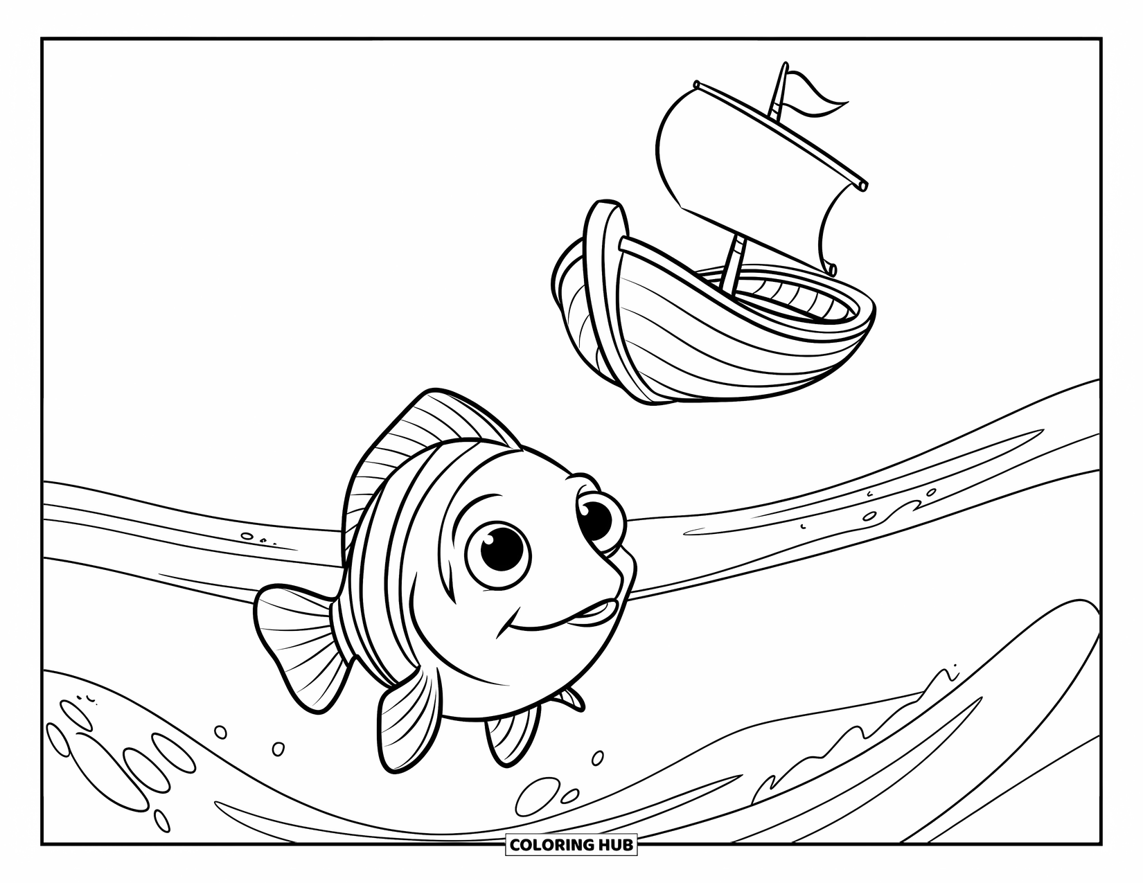 Kolorowanka Podwodny Świat dla dzieci: Ciekawska ryba pływa pod łodzią z drewnianym żaglem na spokojnej wodzie