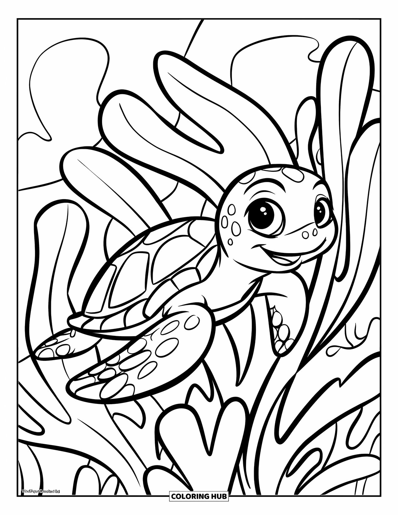 Kolorowanka Podwodny Świat dla dzieci: Uroczy żółw morski pływa radośnie w pobliżu dużych wodorostów