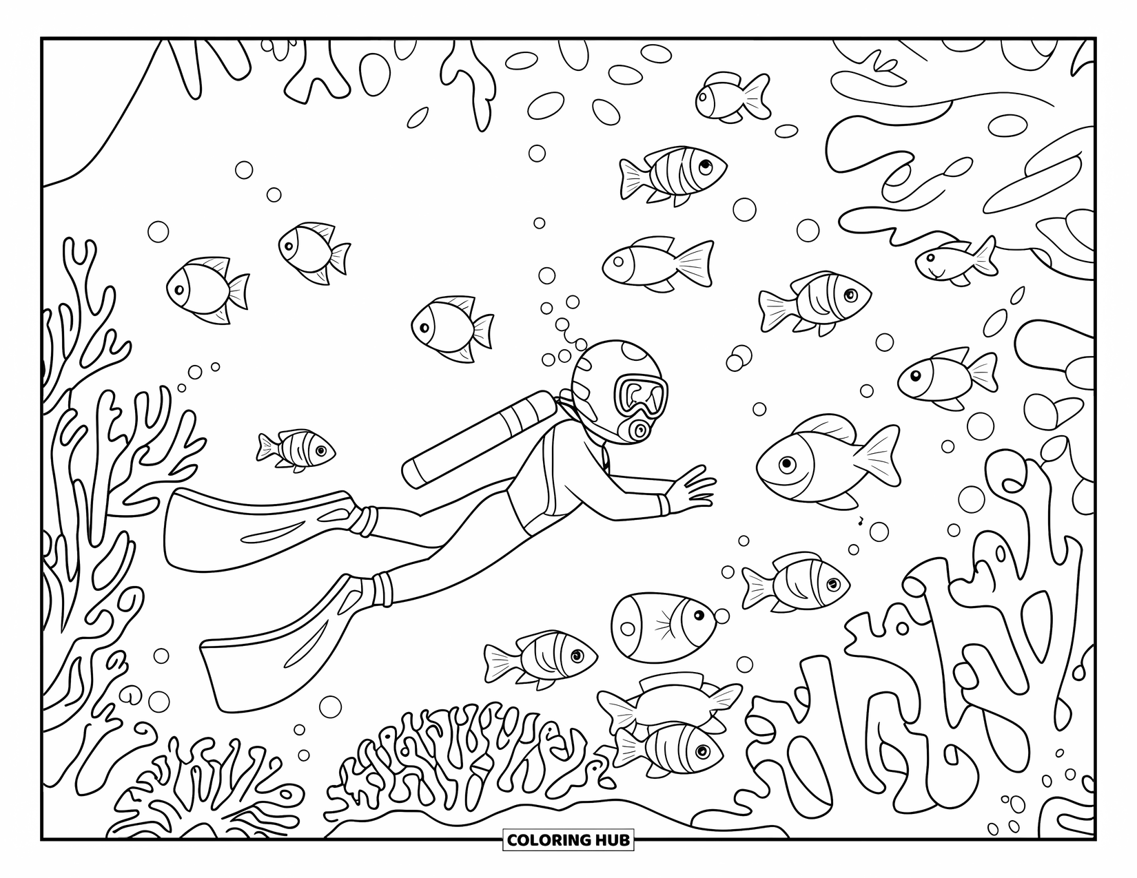 Kolorowanka Podwodny Świat dla dzieci: Nurek bada las koralowy otoczony kolorowymi rybami