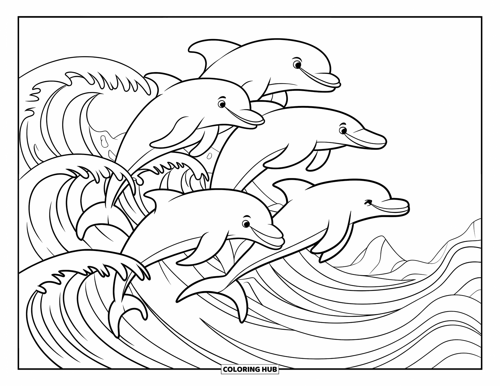 Kolorowanka Podwodny Świat dla dzieci: Rodzina delfinów skacze nad falami z kilkoma skałami w pobliżu