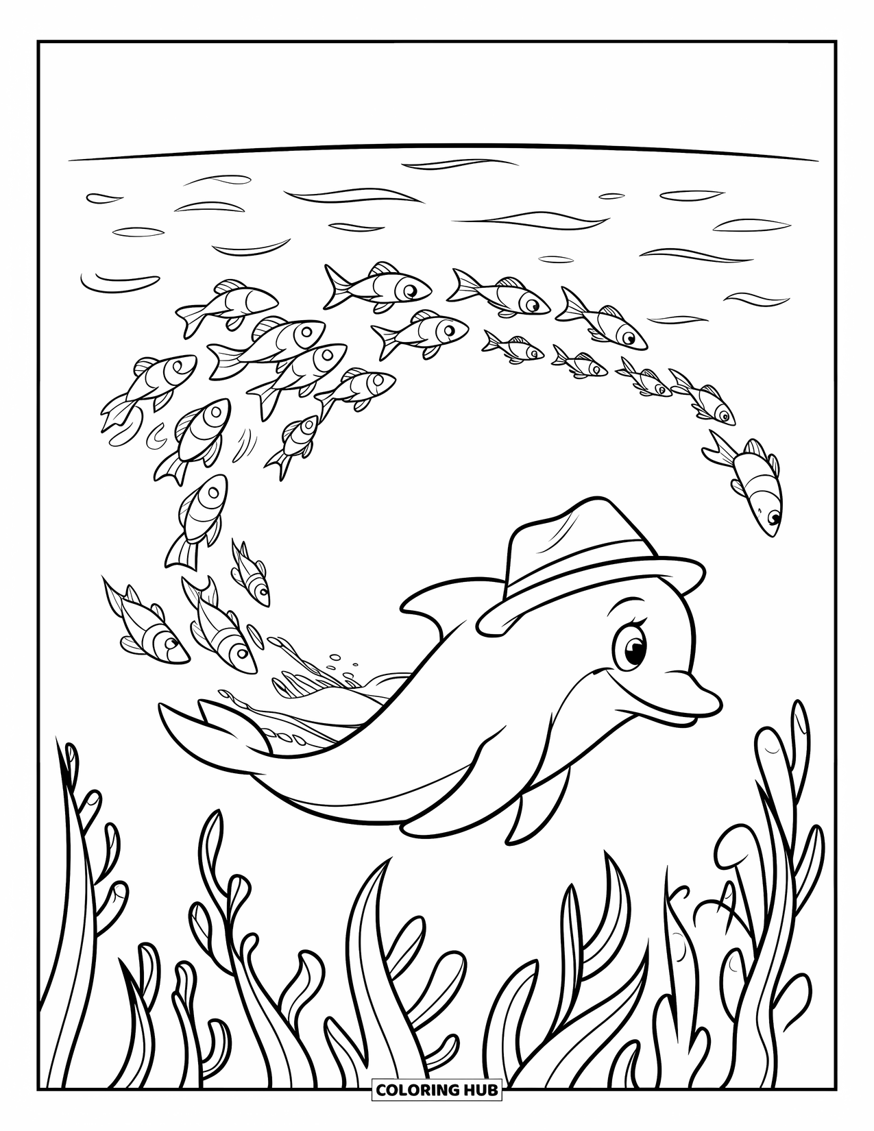 Kolorowanka Podwodny Świat dla dzieci: Delfin radośnie prowadzi ławicę ryb przez kołyszące się wodorosty