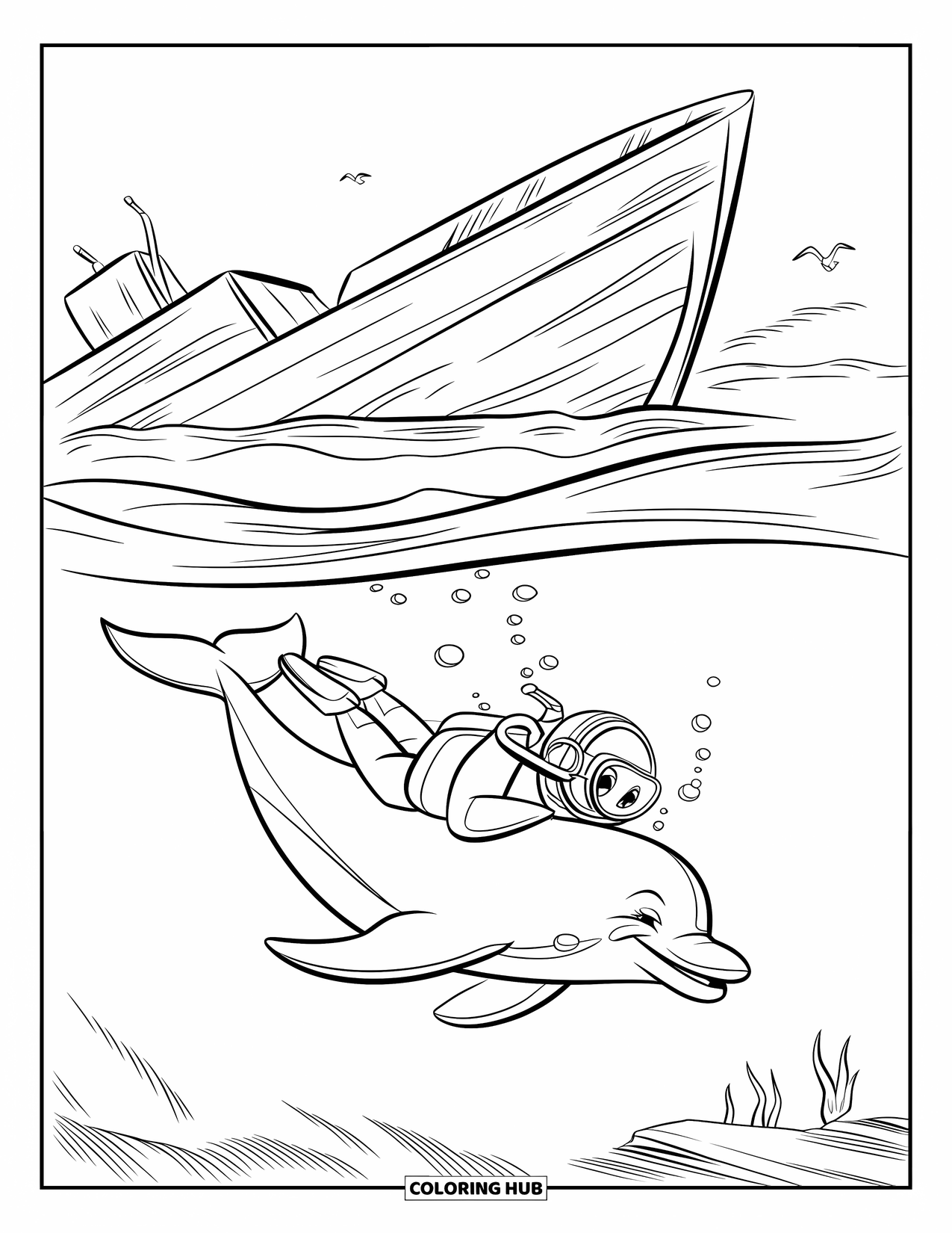 Kolorowanka Podwodny Świat dla dzieci: Delfin pomaga zagubionemu nurkowi uciec z zatopionego statku