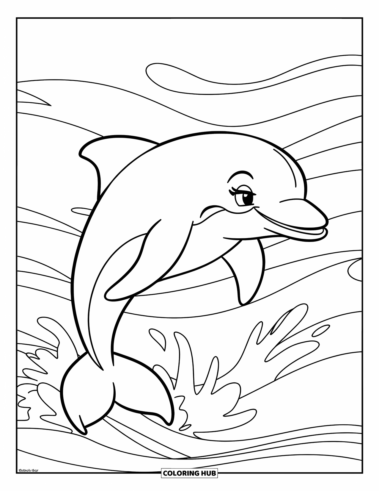 Kolorowanka Podwodny Świat dla dzieci: Delfin skacze nad łagodnymi falami w spokojnym oceanie