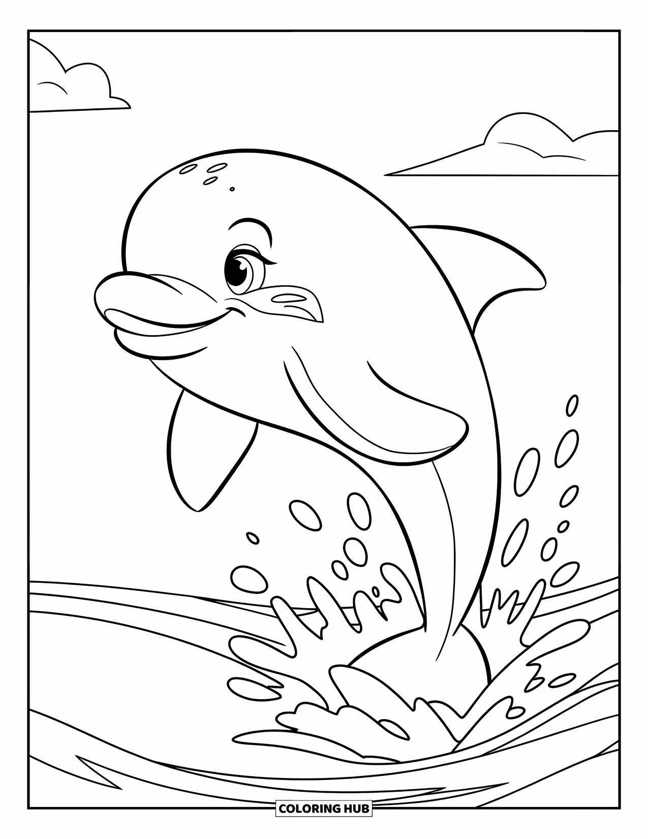 Kolorowanka Podwodny Świat dla dzieci: Delfin wyskakuje z łagodnych fal z dużym uśmiechem
