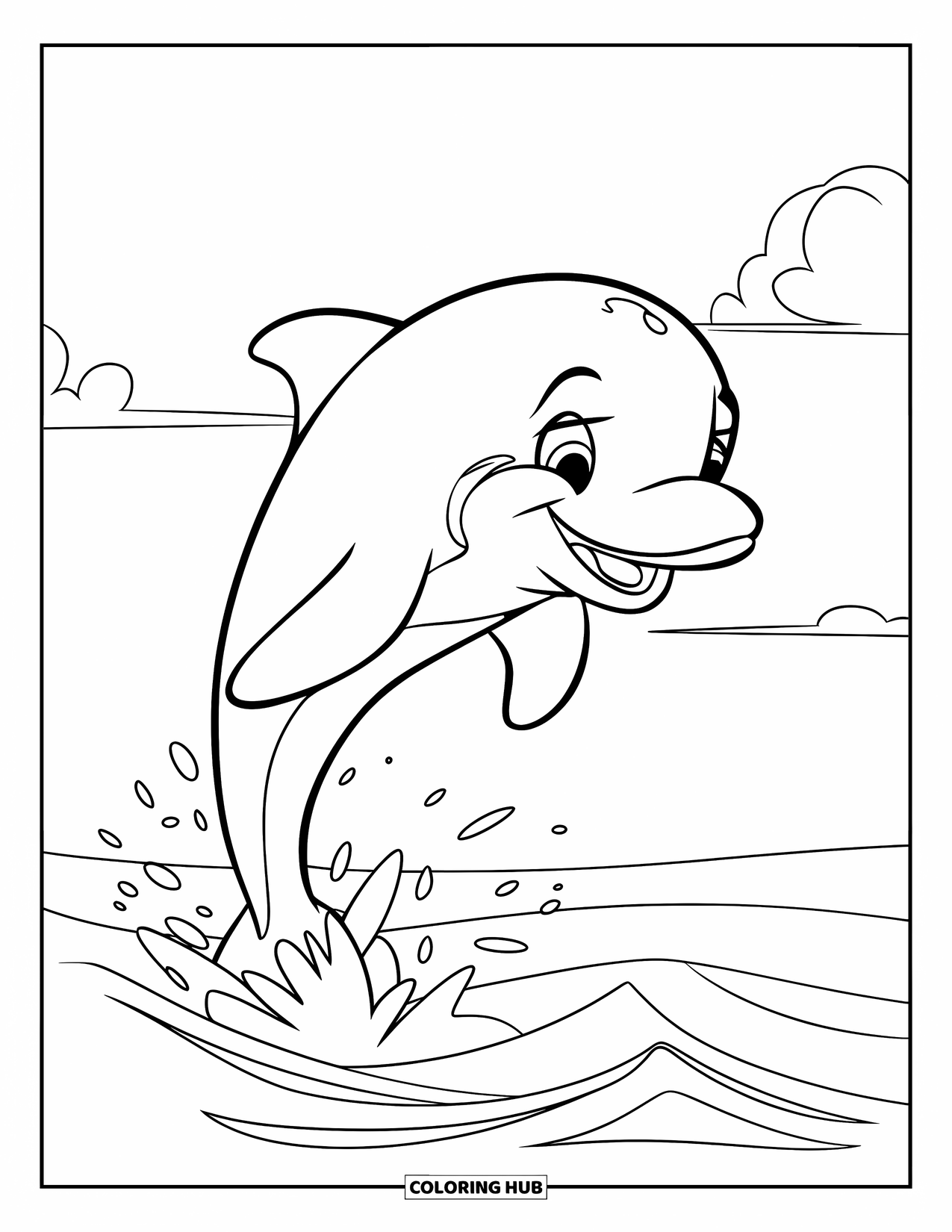 Kolorowanka Podwodny Świat dla dzieci: Delfin z dużym uśmiechem wyskakuje z fal pod czystym niebem