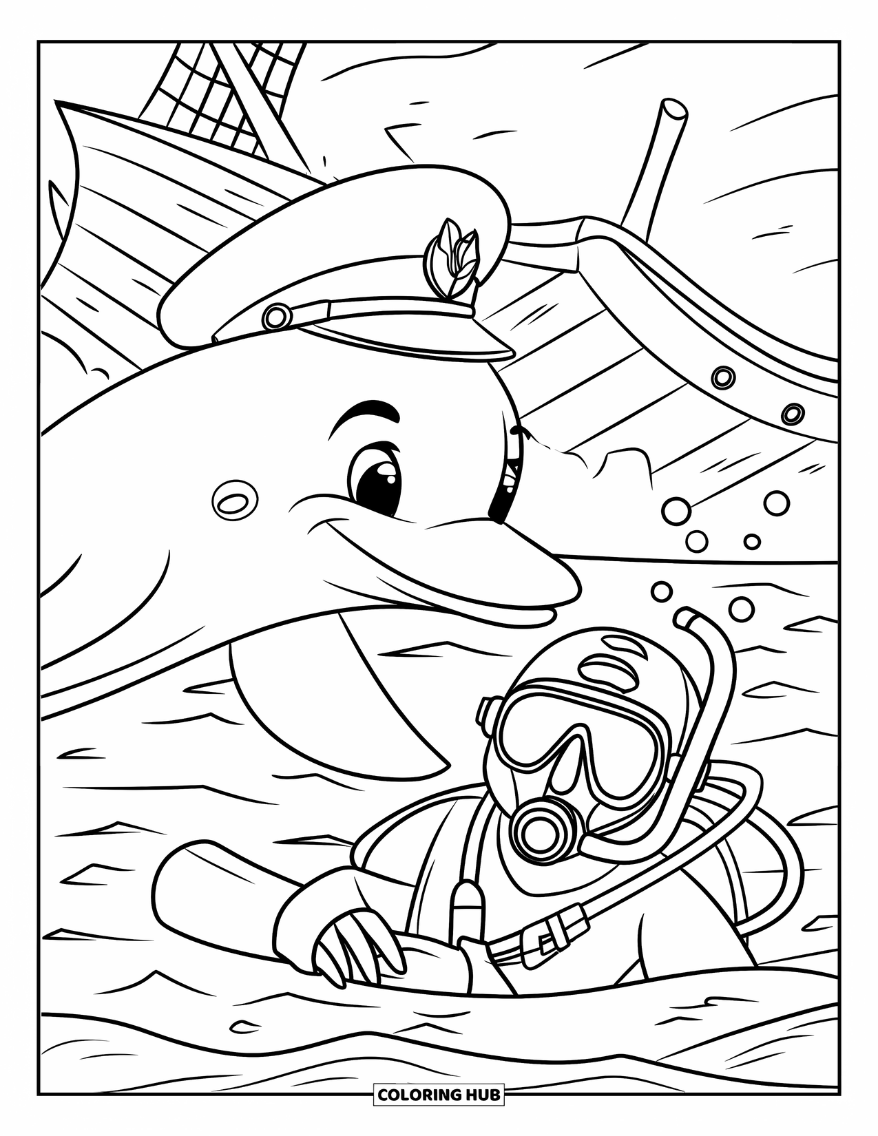 Kolorowanka Podwodny Świat dla dzieci: Delfin w kapitańskim kapeluszu ratuje nurka z wraku statku
