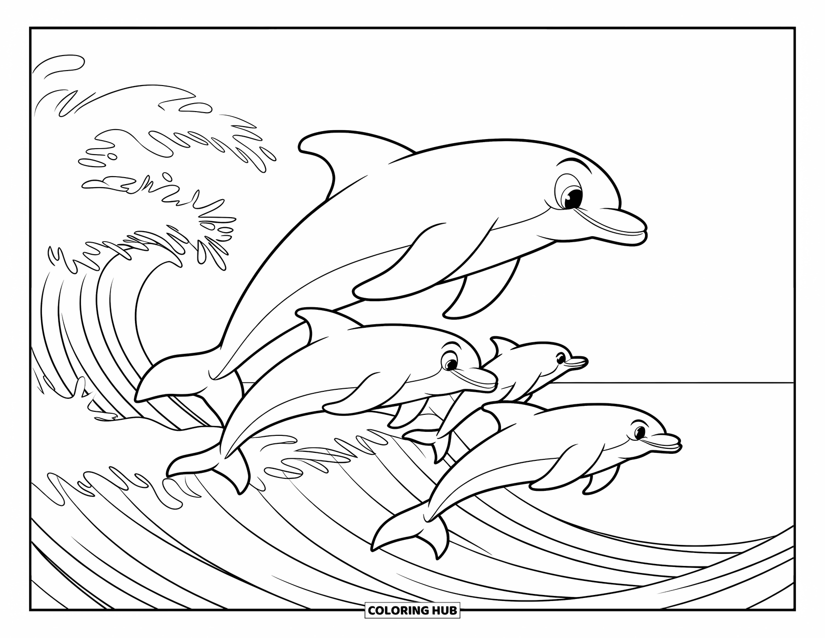 Kolorowanka Podwodny Świat dla dzieci: Rodzina delfinów skacze nad falami na rozległym oceanie
