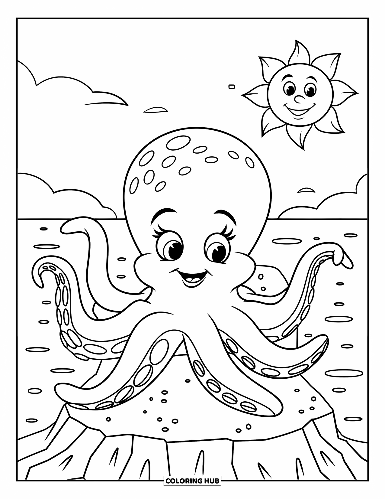 Kolorowanka Podwodny Świat dla dzieci: Przyjazna ośmiornica macha radośnie, siedząc na skale