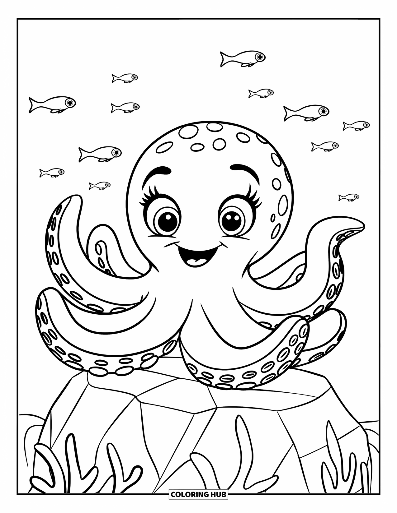 Kolorowanka Podwodny Świat dla dzieci: Przyjazna ośmiornica macha ze skały, a w pobliżu pływają ryby